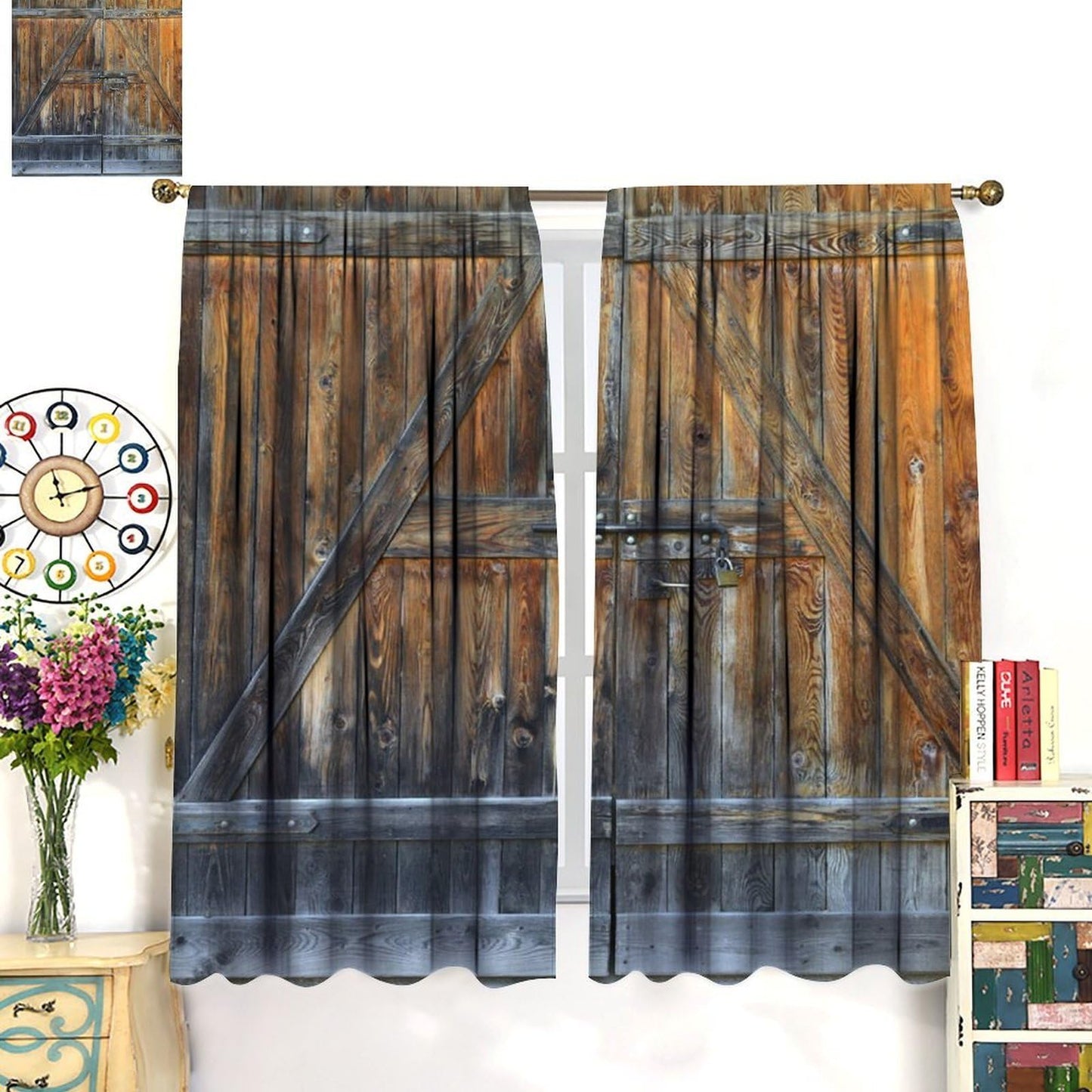 Wood Barn Door Decor Curtain, Retro Rustic Farmhouse Wooden Door Countryside Village Pattern Print Rod Pocket Window Drapes, for Living Room Bedroom Kitchen 42" W X 45" L