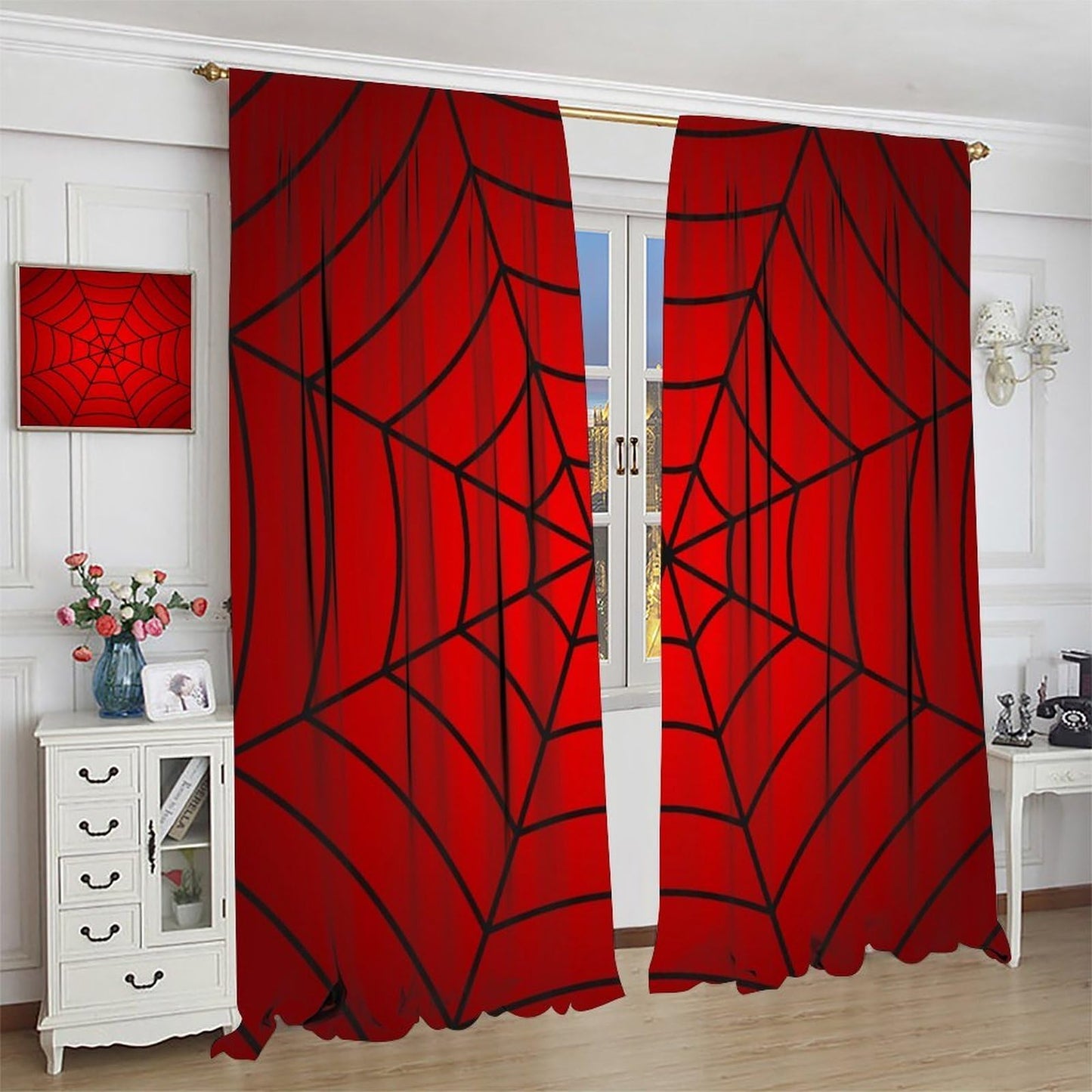 Djaby Spider Web Curtains, Cartoon Red Spider Web Window Curtain for Kids Girls Boys Bedroom Living Room Home 42" W X 45" L(No Blackout)