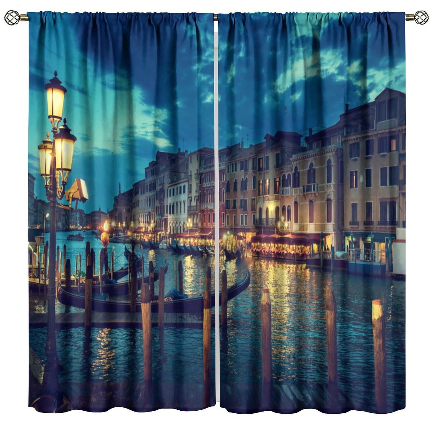 Venice Night Curtains, Night View of Architectural Waterways in Italian Cities in Europe Decor Windows Treatments, Thermal Insulation Rod Pocket Drapes For Boys Girls Bedroom Living Room 42x45in