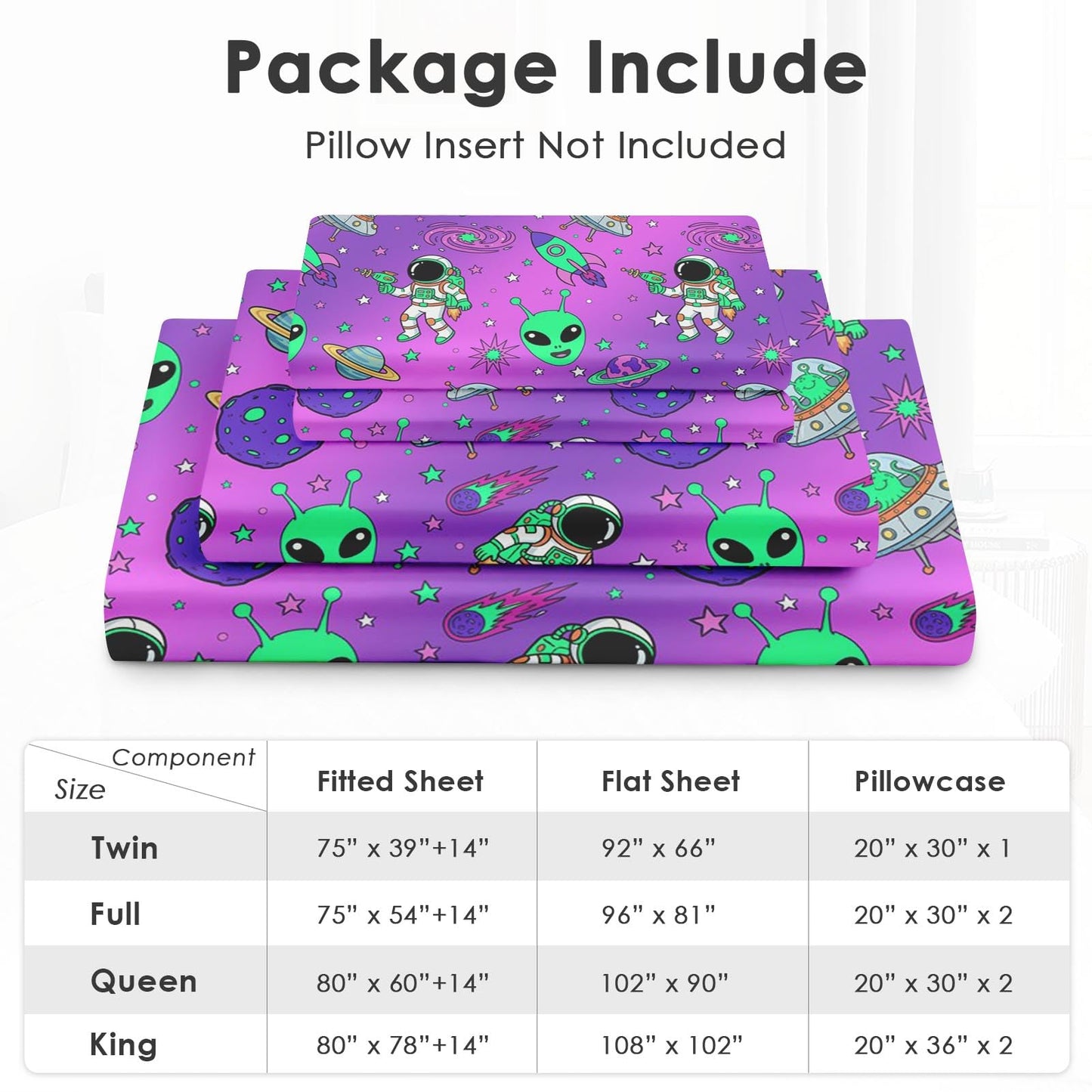 Pamnest Full Size Bed Sheet Sets, Alien Space Soft Microfiber 4 Pcs Bedding Sets for Kids and Adults Bedroom Bed Decor, Moon Neon Science Flat, Fitted Sheet and 2 Pillowcases