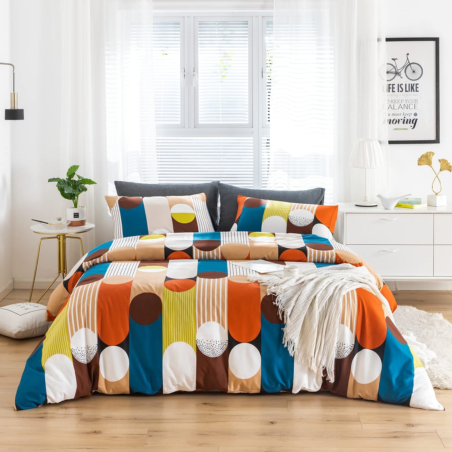 SUSYBAO Geometric Polka Dot Duvet Cover Queen 100% Cotton 3 Pcs Set 1 Brown White Circle Print Duvet Cover with Zipper Ties 2 Pillowcases Orange Blue Striped Bedding Set Soft