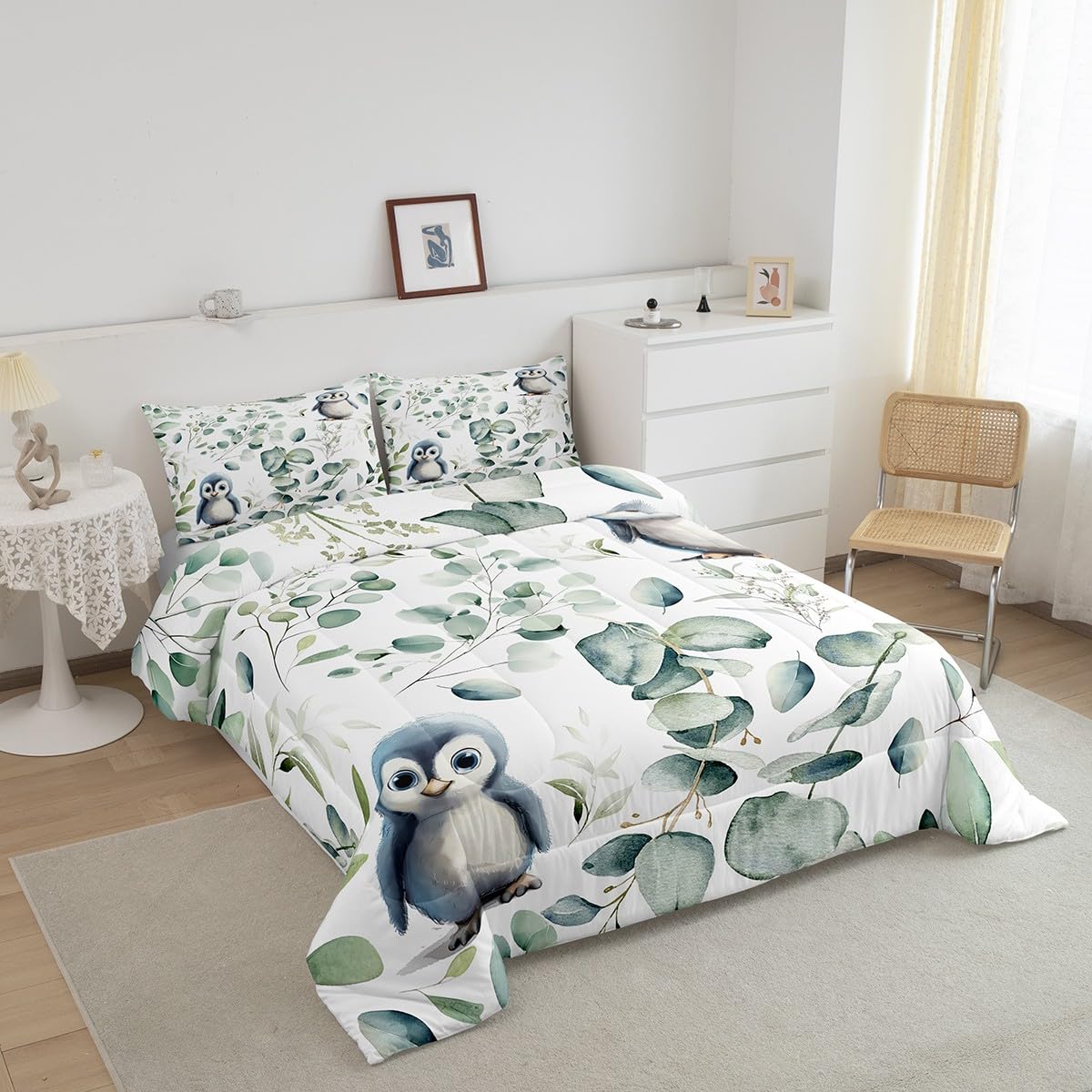 Erosebridal Cartoon Penguin Bedding Twin Toddler Woodland Wildlife Comforter Set, Plant Duvet Insert Eucalyptus Leaf Quilt Comforter, Antarctic Animal Theme Bedding Comforters & Sets Kids Room Decor