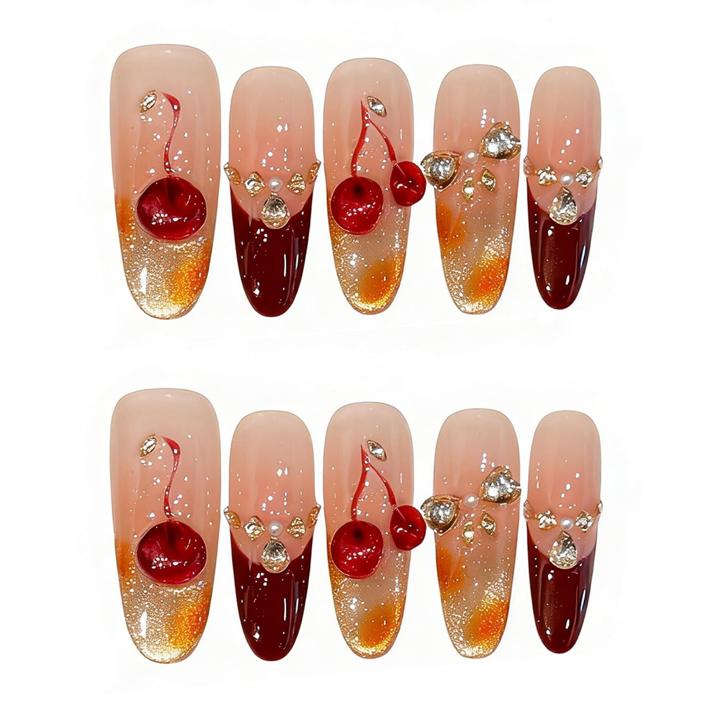 Handmade Press on Nails Square Sweet and Alluring Style Cherry Burgundy Nail Art with Rhinestone Embellishments Acrylic Nails Press on Handmade Nails Luxury Press on Nails（S）
