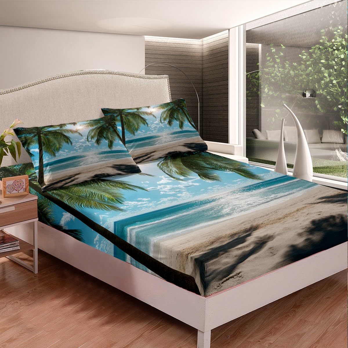 jejeloiu Beach Theme Fitted Sheet Full Size Kids Summer Sea Ocean Palm Leaf Bed Sheets Set for Boys Girls Teens Wave Coastal Natural Scenery Bedding Set Room Decor