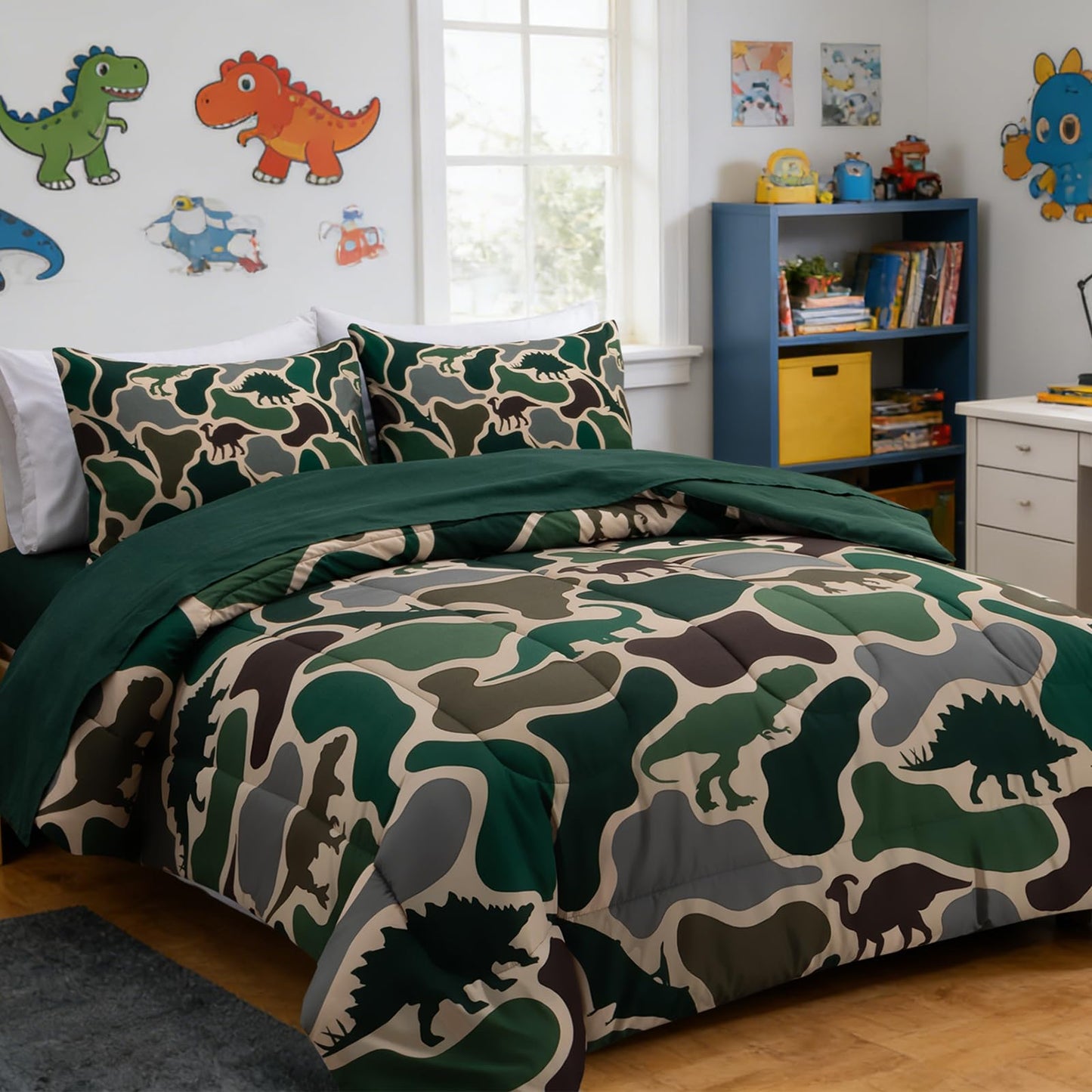 Holawakaka Boys Dinosaur Camouflage Comforter Set with Sheets, Queen Size Army Green Camo Bedding Sets for Kids Teens Bed-in-a-Bag 5 Pieces for Dorm Bedroom Cabin Lodge