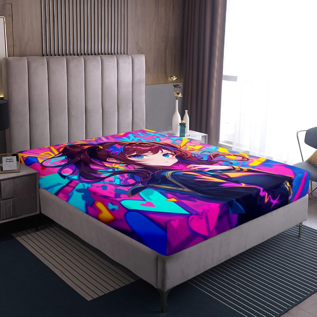 Erosebridal Anime Girl Full Fitted Sheet, Japanese Anime Bed Sheets for Kids Girls Teens Adult Bedroom, Cartoon Girl Bedding Set Kawaii Japanese Animation Sheets 3 Piece, Purple