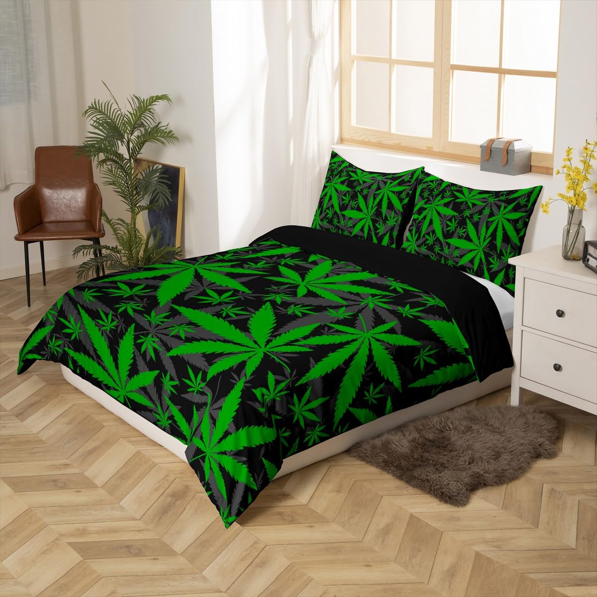 Marijuana Leaf Duvet Cover Teens Cannabis Print Comforter Covers Green Gray Botanical Branches Bedding Set for Boys Girls Youth Adults Queen with 2 Pillow Shams Marijuana Weed Leaves Bedspread Cover