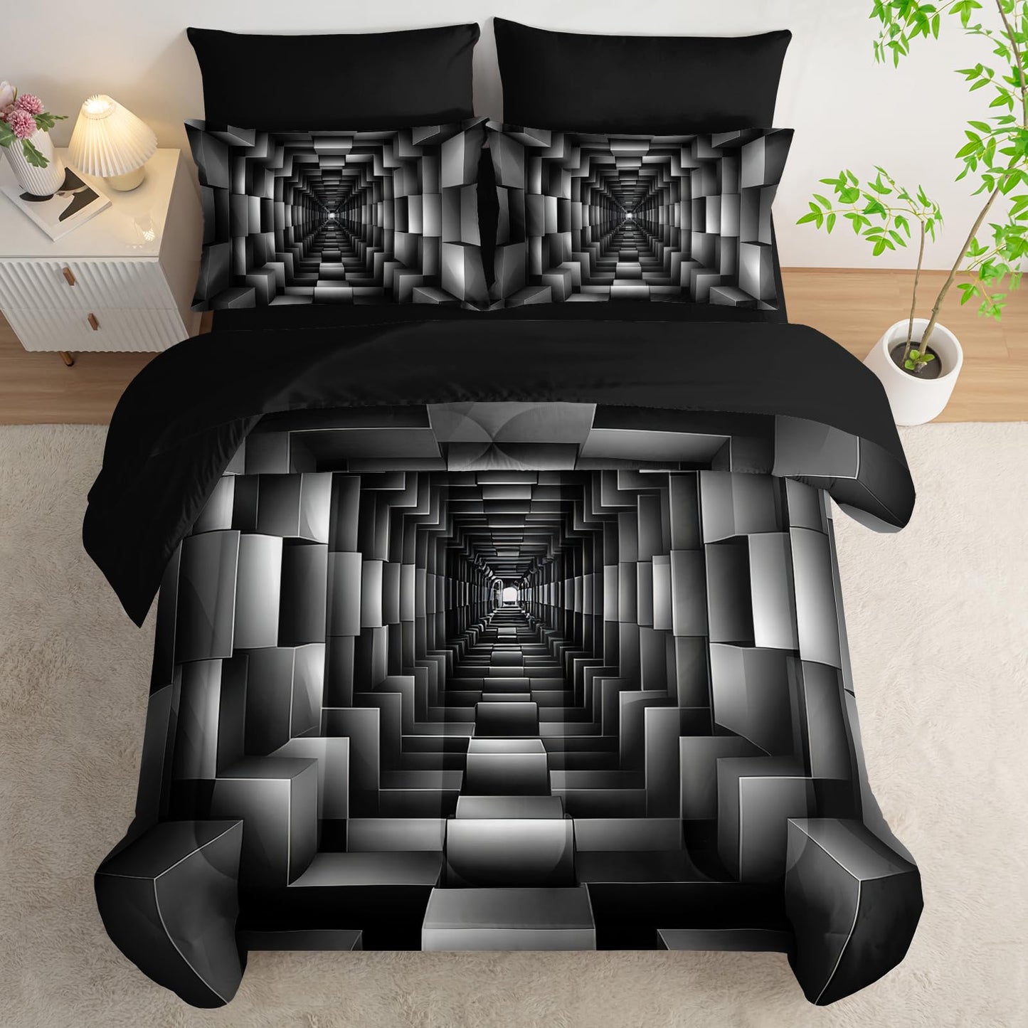 lneffble 7 Piece Black and White Checkered Comforter Set Queen，Geometric Bedding Set Boys，Geometric Bedroom Decor，(1 Comforter, 1 Flat Sheet, 1 Fitted Sheet, 2 Pillowcase and 2 Pillow Sham)