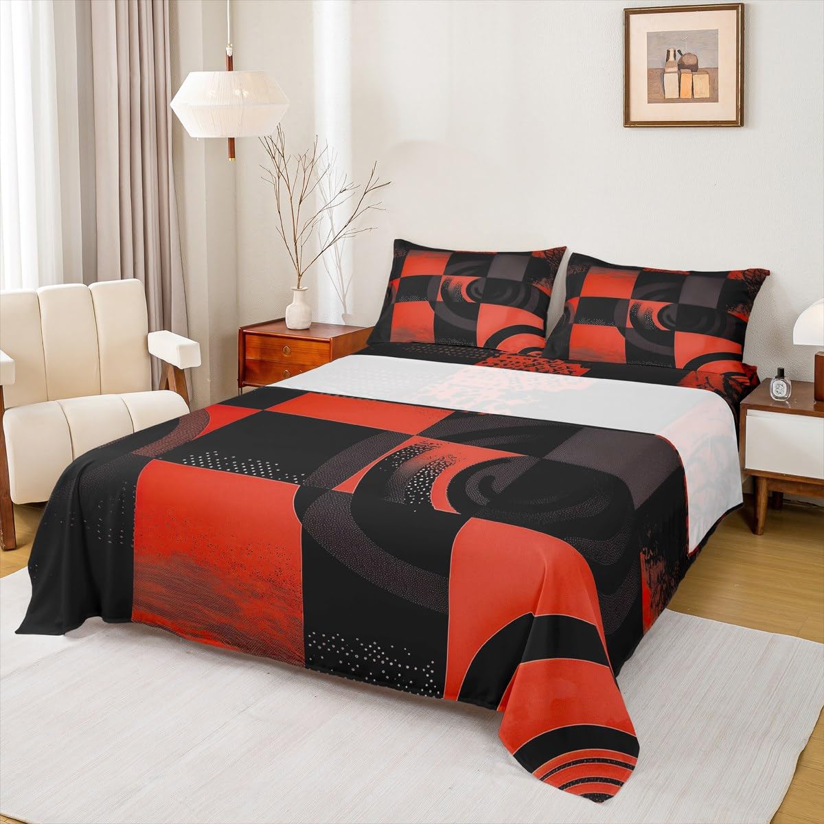 jejeloiu Black and Red Bed Sheets Set Twin Size Abstract Bed Set for Kids Boys Girls Deep Pocket Fitted Sheet Plaid Breathable Soft Lightweight Microfiber