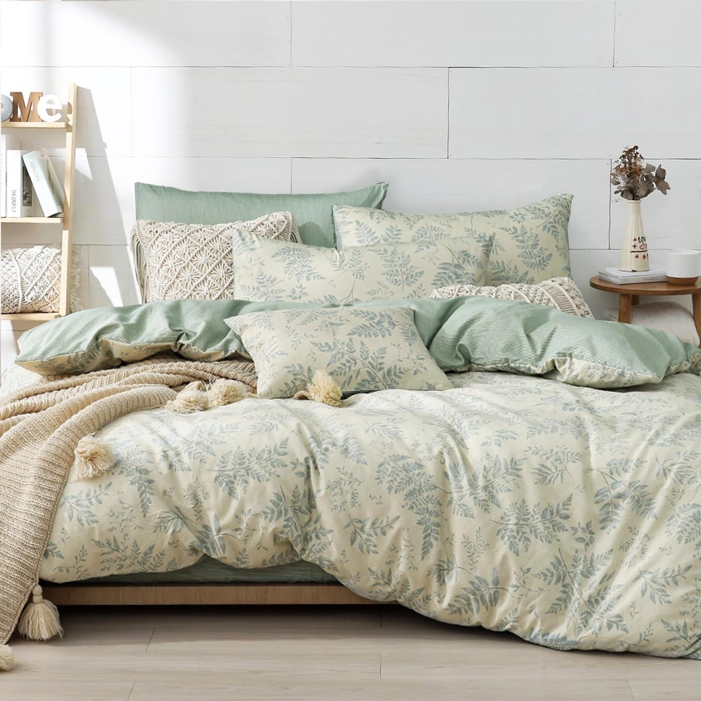 LEMIROE Botanical Cotton Comforter Queen Size - Dusty Green Comforter Printed with Luxurious Greyish-Green Ferns on Beige,Reversible Lightweight Bedding Sets 3Pcs(90"×90")