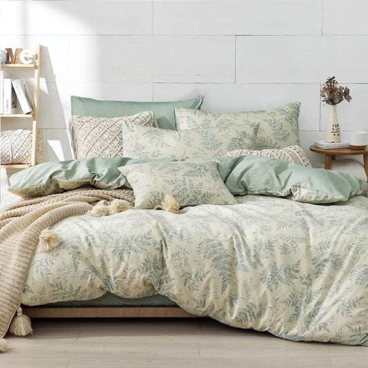 LEMIROE Botanical Cotton Comforter Queen Size - Dusty Green Comforter Printed with Luxurious Greyish-Green Ferns on Beige,Reversible Lightweight Bedding Sets 3Pcs(90"×90")