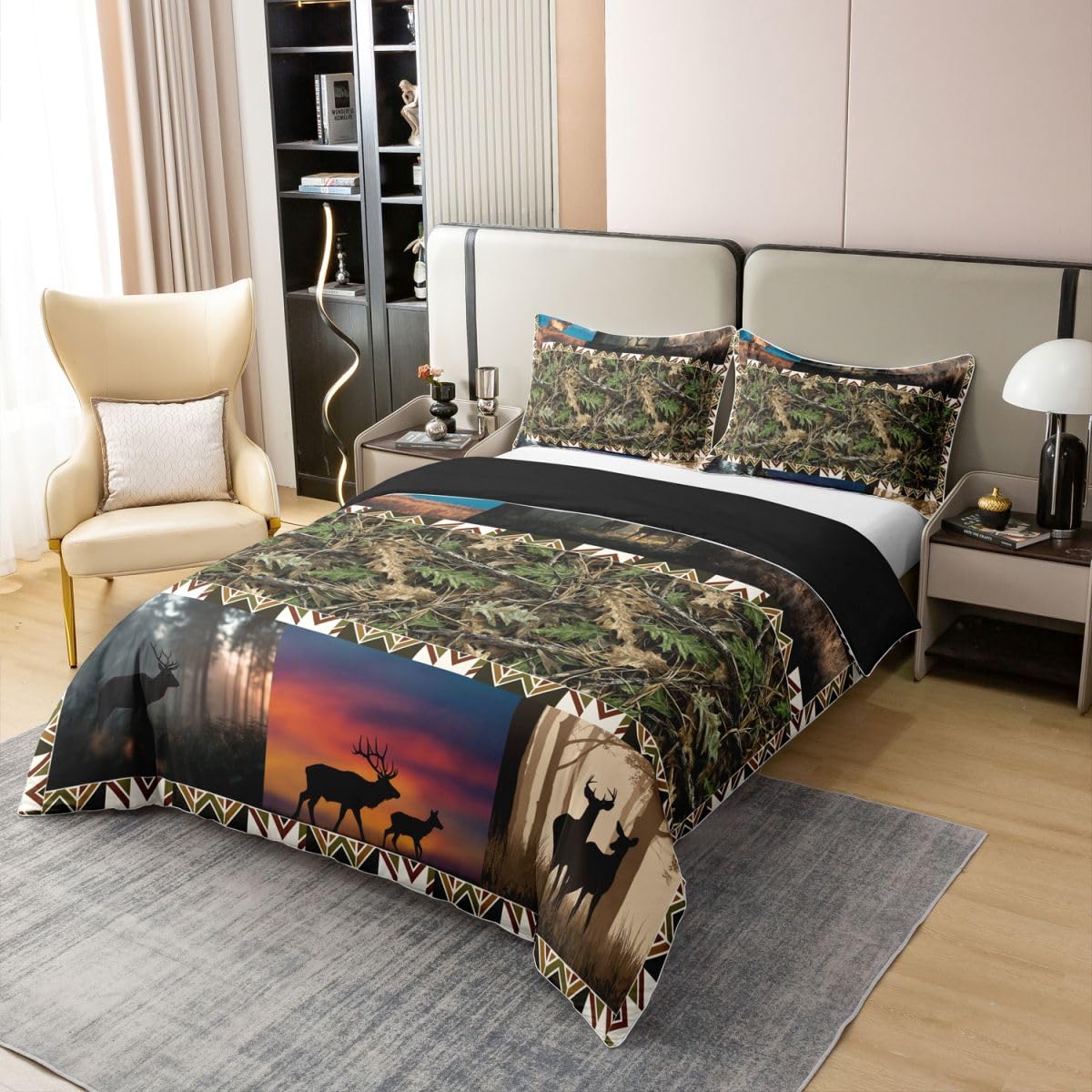 Deer 100% Cotton Duvet Cover Set Twin,Hunting Deer Bedding Sets,Woodland Animal Comforter Cover 3D Nature Scene Patchwork Bedding Elk Antler with Branches Quilt Cover,Rustic Farmhouse Bedroom Decor