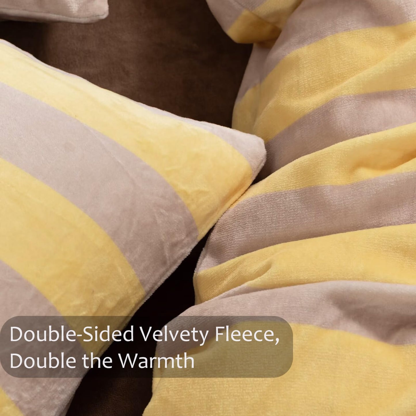 Bedbay Yellow Striped Comforter Set King Size Luxury Fleece Fluffy Comforter Set Plush Flannel Bedding Yellow Stripes Pattern Bed Set Soft Warm Velvet Bedding Comforter for All Seasons