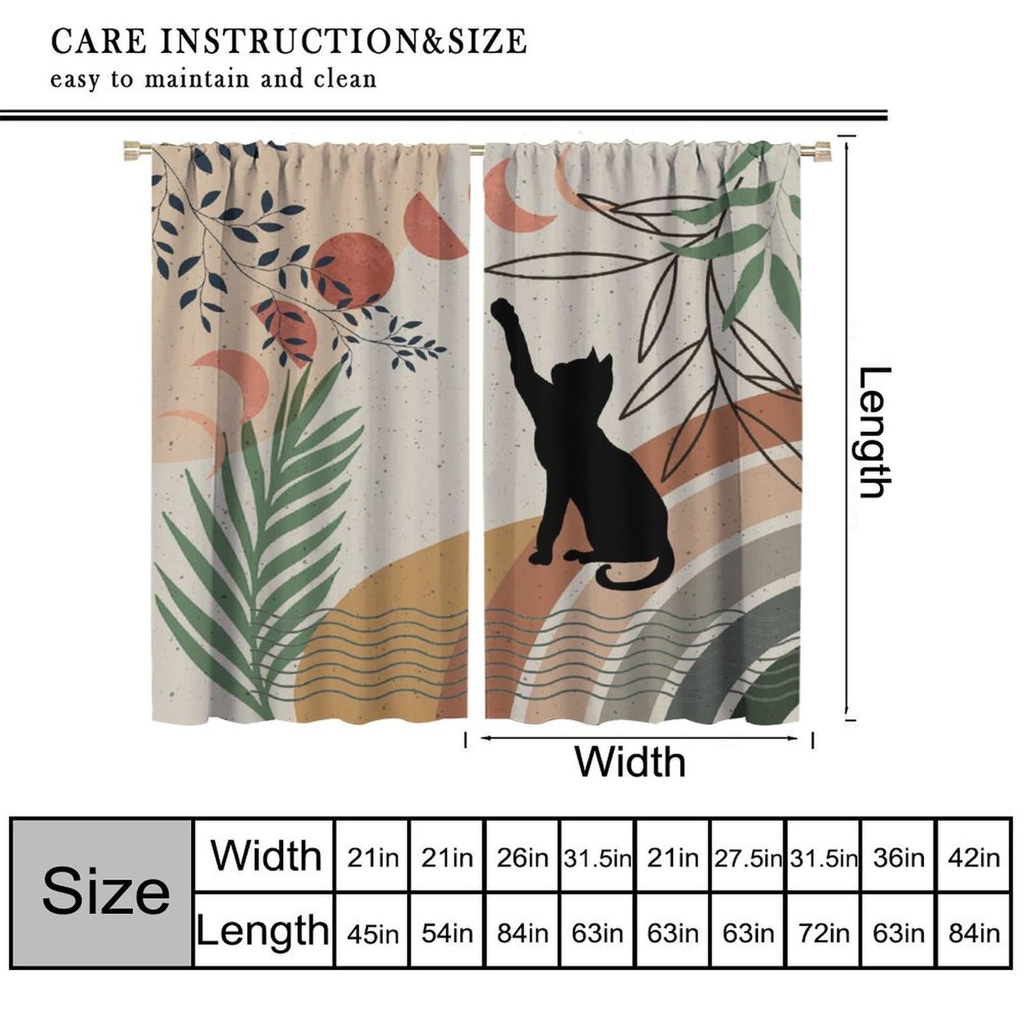Fblifil Mid Century Moon Cat Curtain Retro Black Cat Leaves Sun Moon Leaves Boho Abstract Geometric Arch 70s Window Drapes for Bedroom Living Room Decor 42" W X 45" L