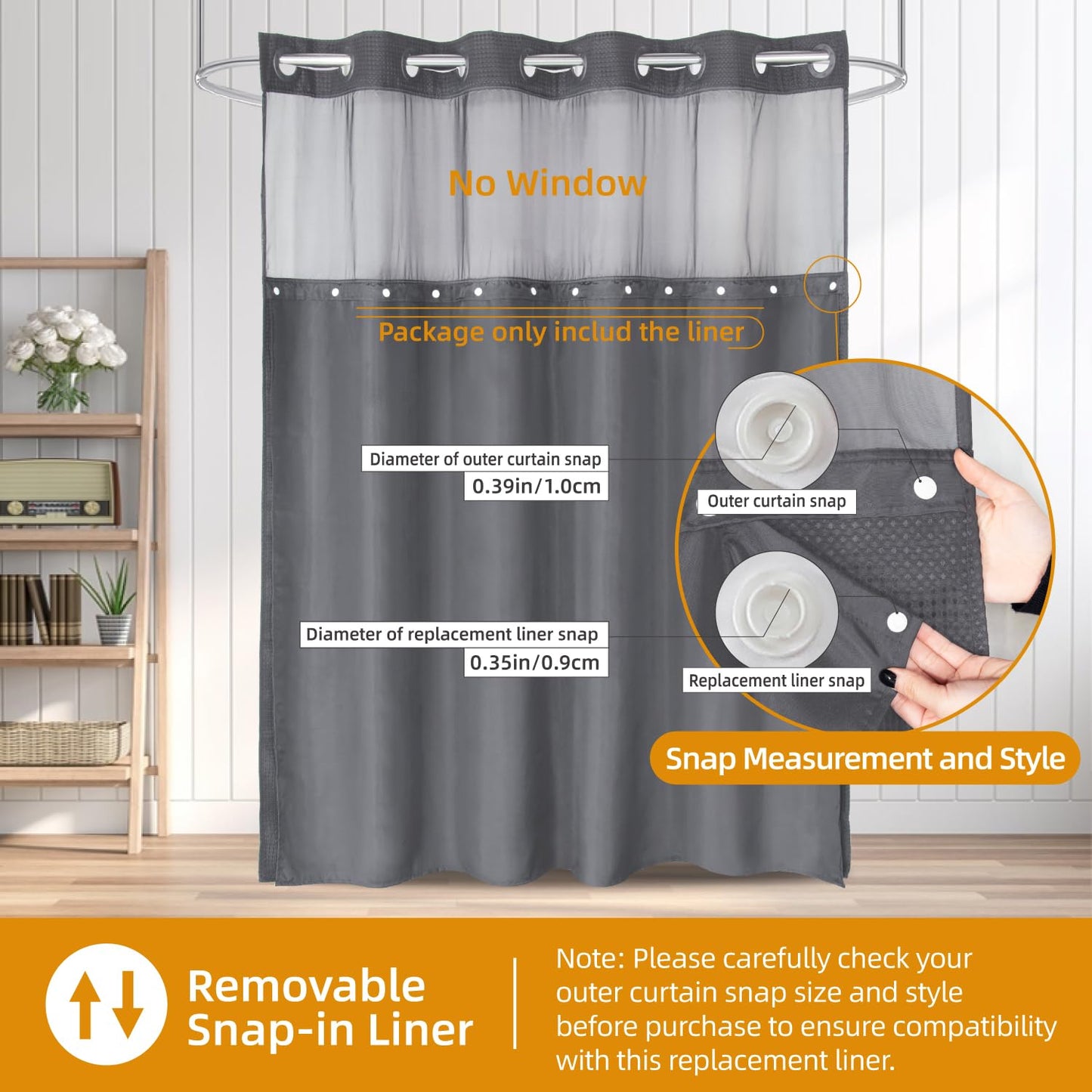 eachope 1 Pack Fabric Snap-in Shower Curtain Liner Replacement,Compatible with No Hook Shower Curtain with Snap in Liner, Removable & Water-Repellent,Machine Washable,70x57,Grey