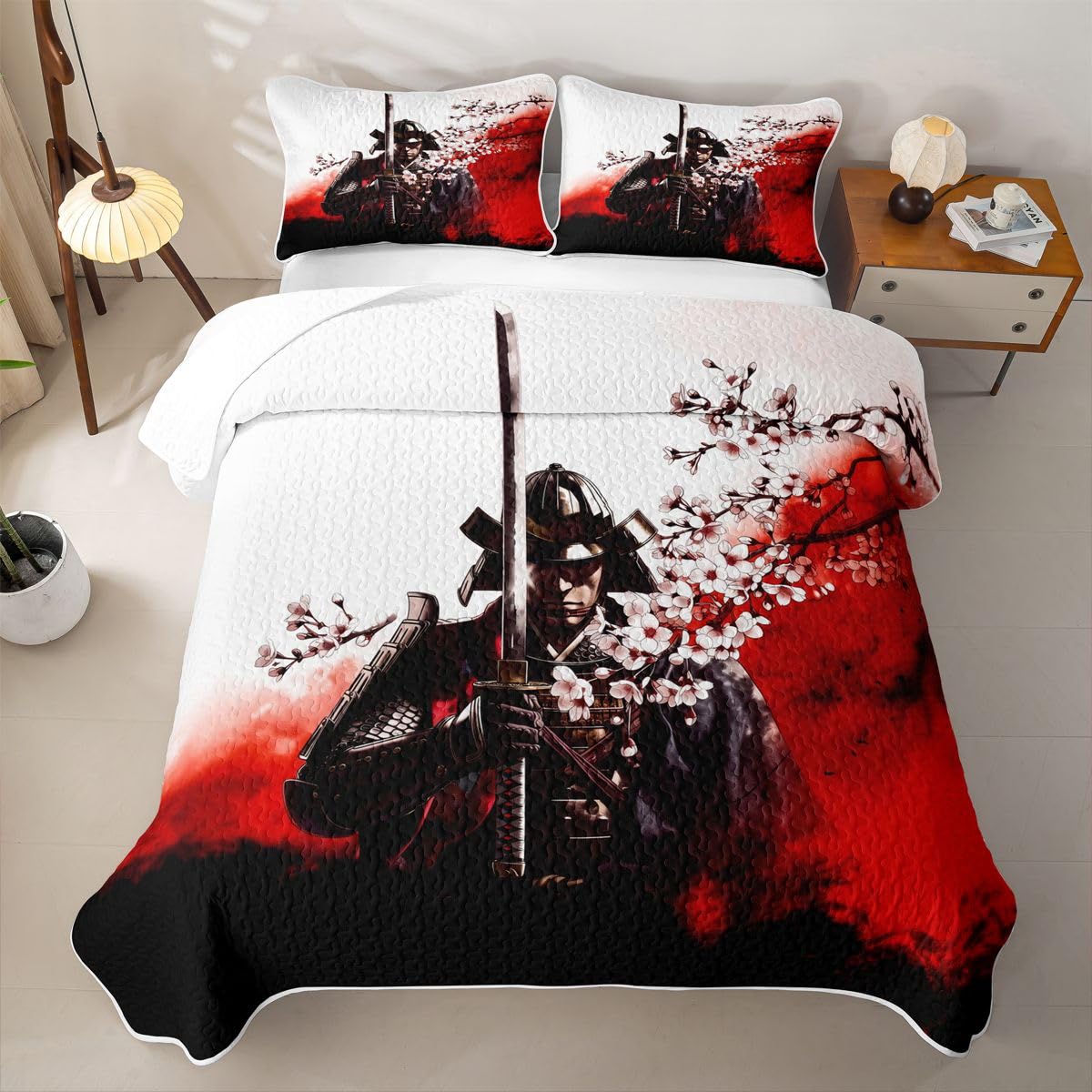 Erosebridal Japanese Samurai Quilts Twin Size - Japan Warrior Bedspread Coverlet Set, Cherry Blossom Quilt Coverlets 2Pcs (Only 1 Pillowcase)