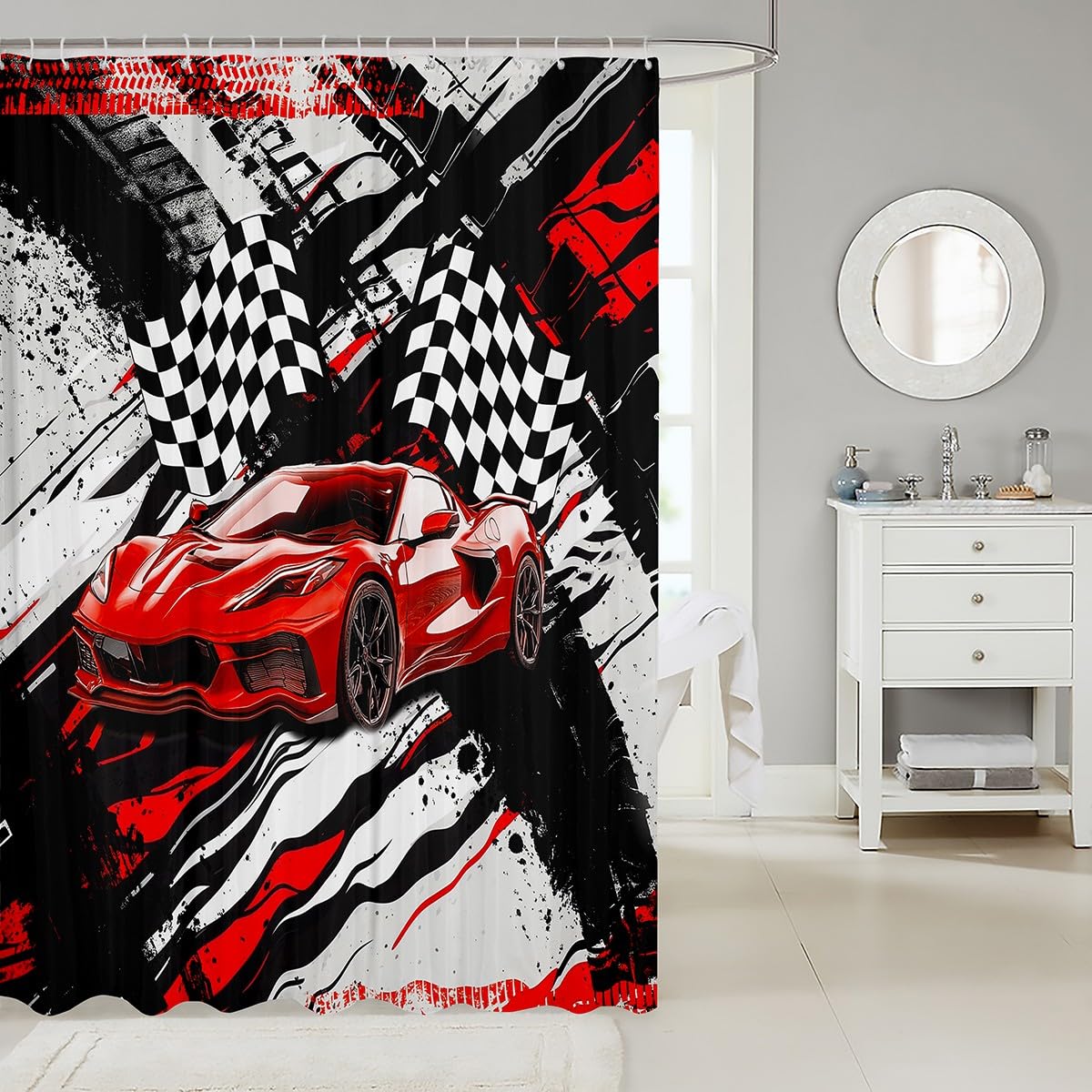 Feelyou Race Car Shower Curtain 72"x72" Speed Sports Car Check Flag Bath Curtain for Boys Girls Teens Racing Wheel Bath CurtainExtreme Sports Kids Bathroom Accessories Automobile