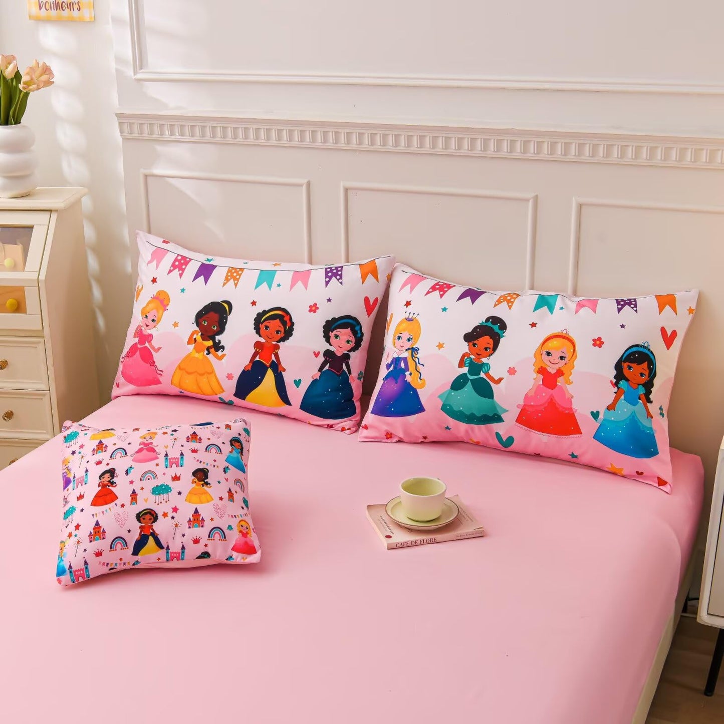 GRAT TIOC 6 Pieces Pink Princess Comforter Set for Girls Twin,Bed in A Bag Princess Bedding Set for Girl Kids (1 Comforter,1 Flat Sheet,1 Fitted Sheet,2 Pillowcases and 1 Cushion Cover)