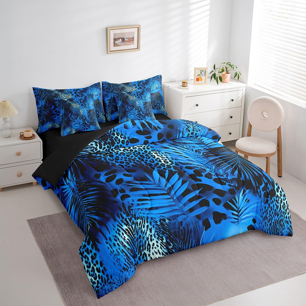 Erosebridal Blue Cheetah Print Comforter Set 7 Piece Bed in a Bag Twin,Botanical Leaf Bedding Sets Big Cat Wild Animal Hide Sheet Set with Comforter,African Safari Animals Fur Bed Set