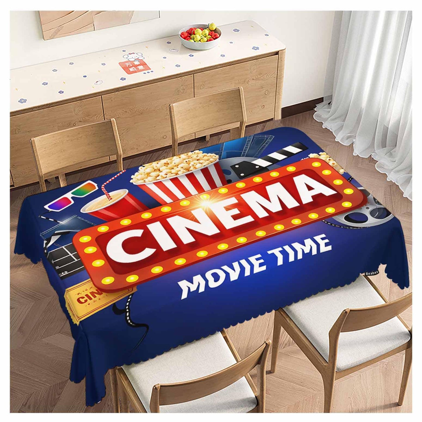 Beabes 52x70 Inch Tablecloth Cinema, Movie Time Popcorn Clapping Board Non-Fading Table Covers Kitchen Dinning Tabletop Decoration, Blue Washable Table Cloth for Outdoor and Indoor Use