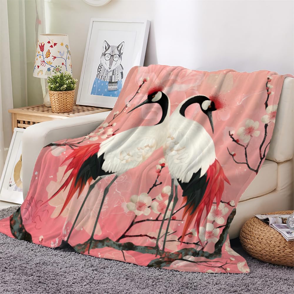 PAOABIU Japanese Cranes Blanket Throw, Vintage Pink Throw Blanket for Couch, Flower Art Breathable Warm Bed Throw, Plum Blossom Lightweight Fleece Blanket Kids 30"x 40" Camping & Travel Blanket