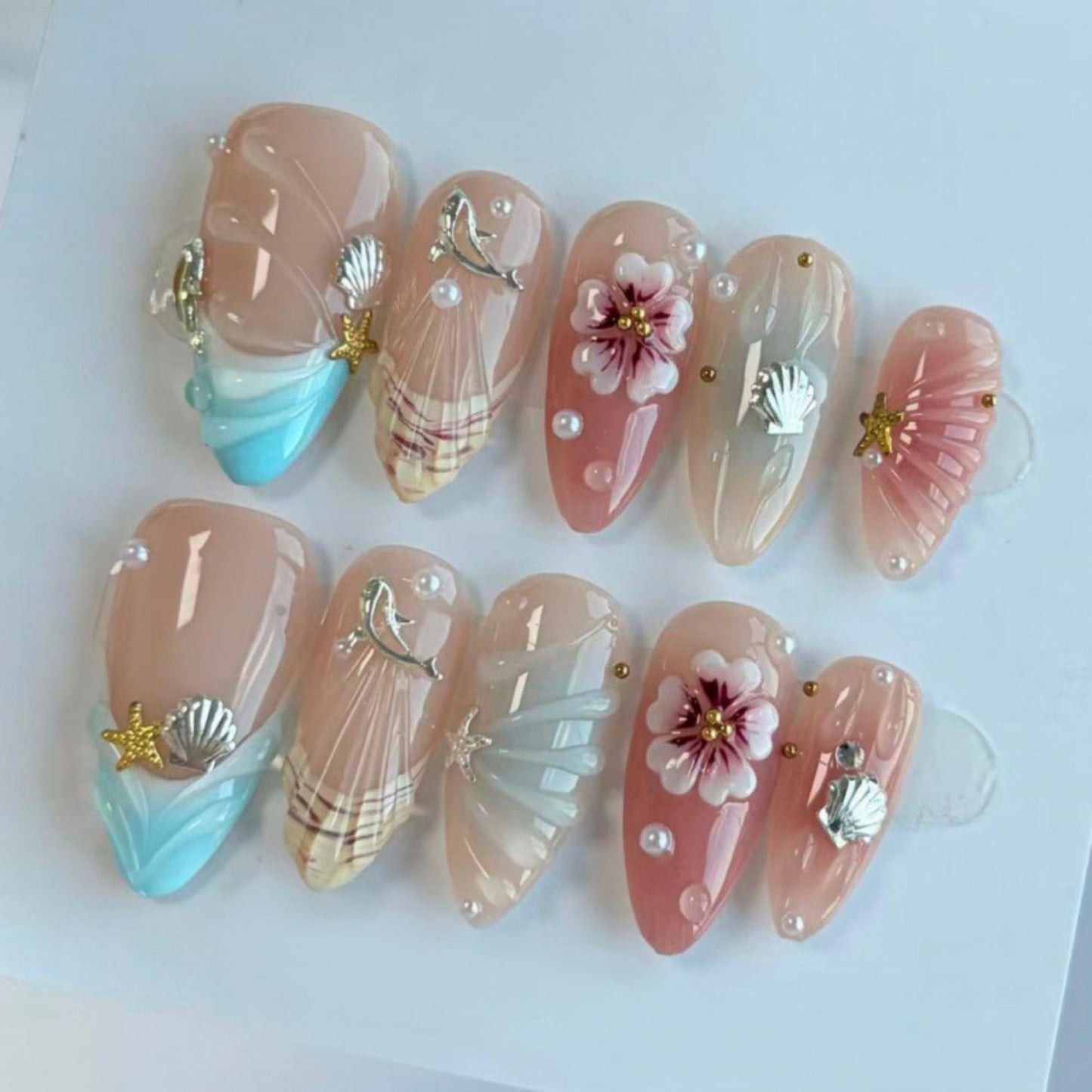 octoswave Press on Nails Medium Almond Fake Nails 3D French Artificial Nail Flowers and Pearl Charm Stick on Nail for Women 24pcs
