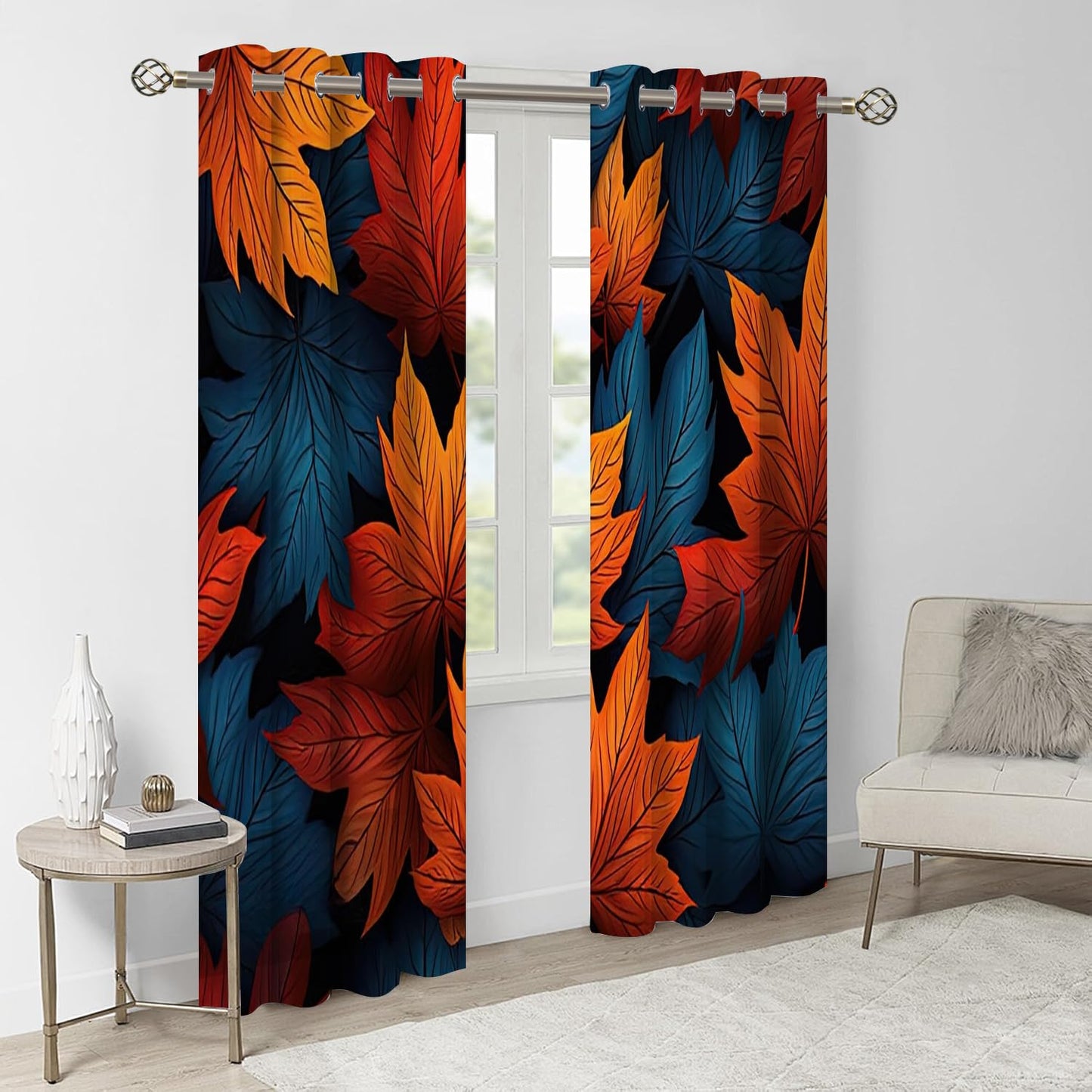 Brown Maple Leaves Blackout Curtains 2 Panels, Simple Plant Texture 3D Print Drapes with Top Grommet for Sliding Glass Door Bedroom Living Room Boy Girl Bedroom Balcony(52" W x 63 "L)