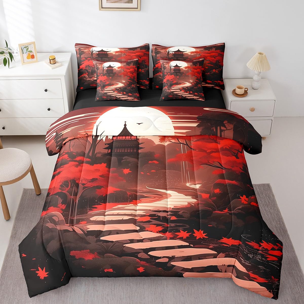 Erosebridal Oriental Theme Queen Comforter Set 7 Piece,Japanese Style Bedding Set with Sheets,Traditional Aesthetic Bed Set Red and Black Bed in a Bag with Fitted Sheet+Flat Sheet,Pillowcases