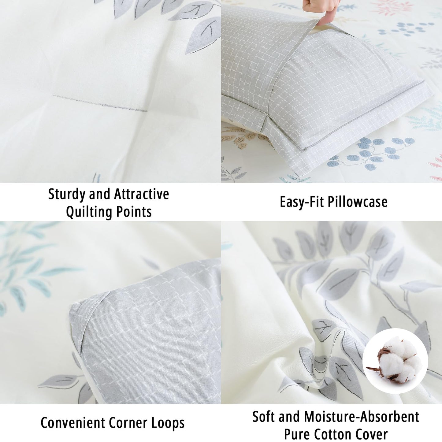 LEMIROE Farmhouse Cotton Comforter King Size 3Pcs -Charming Pastel Leaf Print on Cream Base, Gray Grid Back, Reversible Lightweight Bedding Sets with Soft Fill(King, 104"×90")