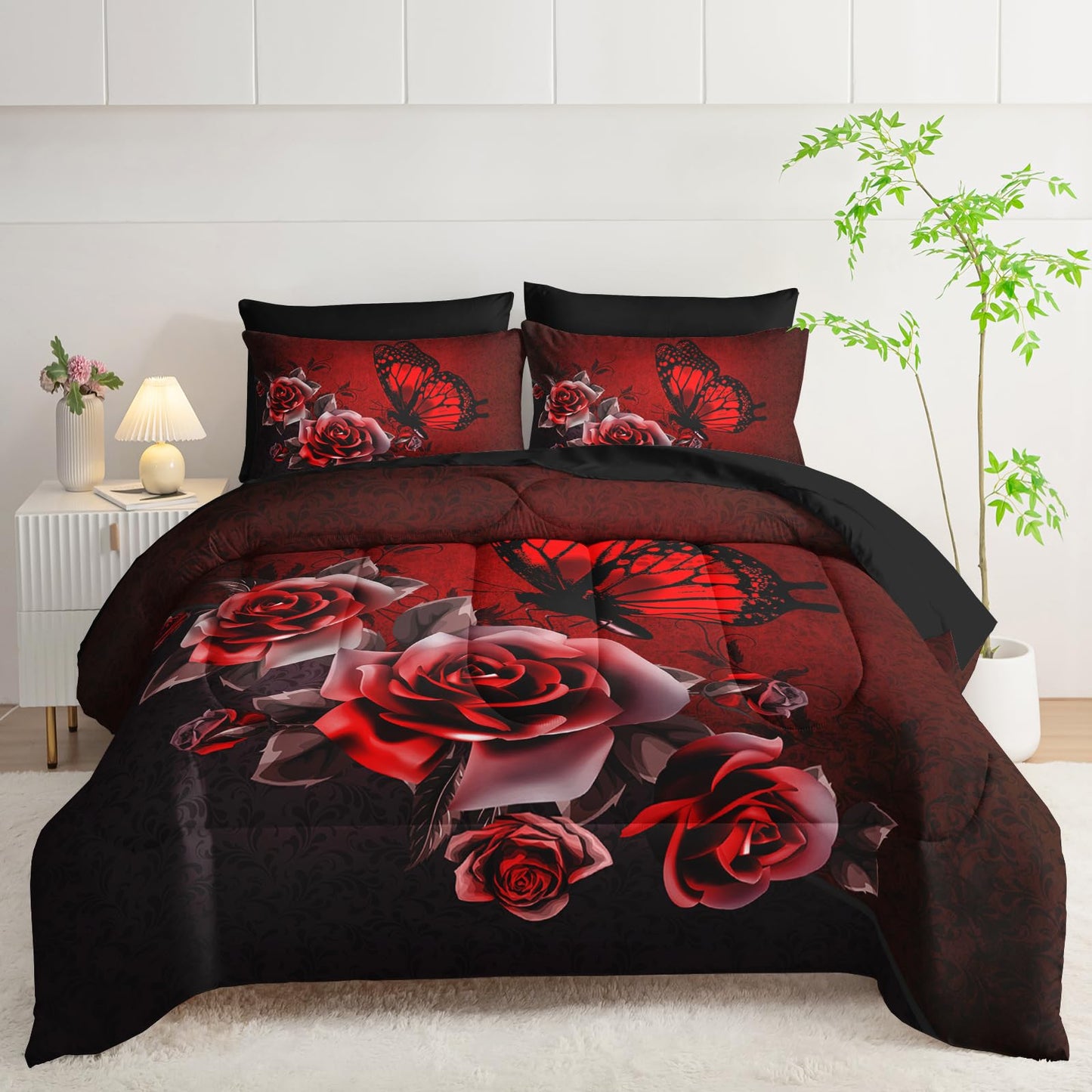AILONEN Floral Butterfly Comforter Set Queen Size,Red and Black Bed in a Bag,7Pcs Soft Microfiber Retro Butterfly Comforter,Fitted Sheet,Flat Sheet,2 Pillowcases,2 Pillow Shams for Room