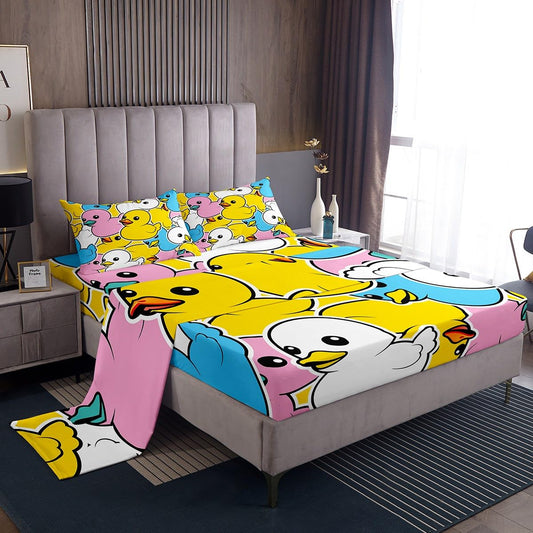Erosebridal Colorful Duck Bed Sheets for Kids Boys Girls Toddler,Cartoon Duck Sheet Set Full,Graffiti Rustic Animal Bedding Set,Cute Farmhouse Animal Fitted Sheet + Top Sheet + 2 Pillowcases