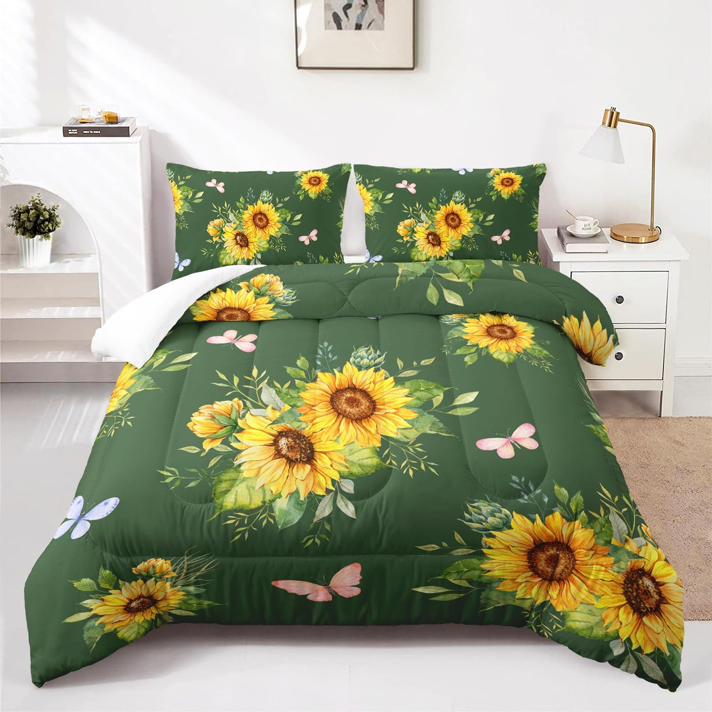Nttopship 3 Piece Green Sunflower Comforter Sets Full Size, Farmhouse Floral Bedding Set for Girls Boys Adults,3 Piece Bed in A Bag, Ultra Soft Microfiber All Season Yellow Flower Bedding Set