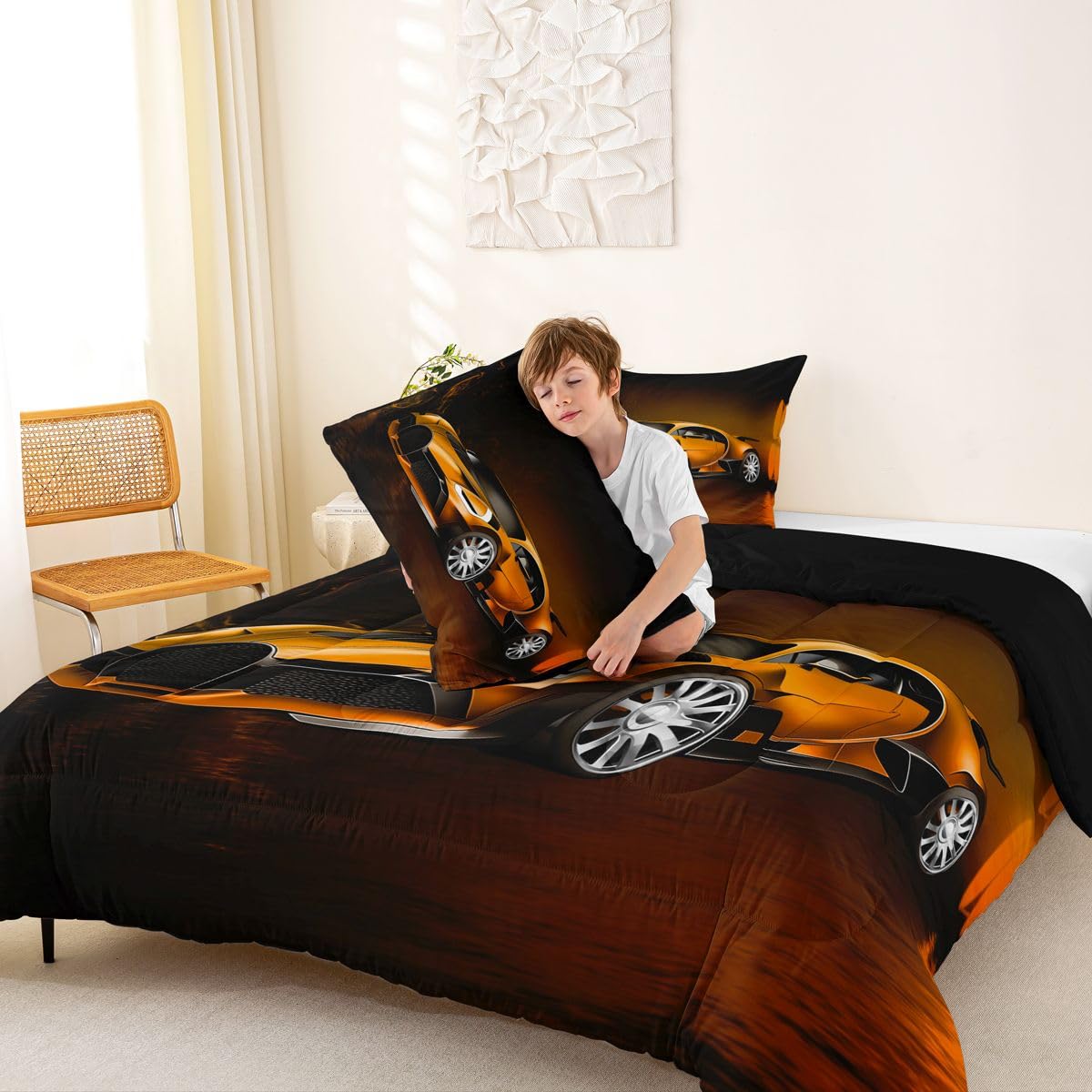 Feelyou Race Car Comforter Toddler Twin, Orange Racecar Bedding Set for Kids Boys Girls Down Duvet Insert Set Cool Speed Sports Car Bedroom Decor Quilt Comforter with 1 Pillowcase Warm Bedding