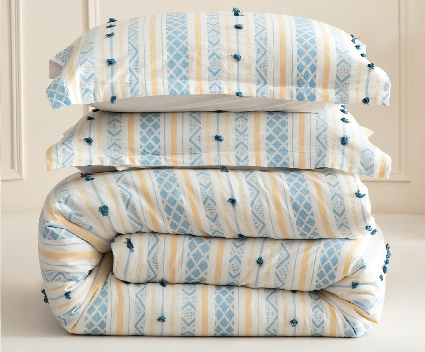 SLEEPBELLA Washed Double Layer Muslin 100% Cotton Comforter Set King Size, Yellow Blue Boho Fluffy Thick Checked Bedding Set, Soft Breathable (1 Comforter, 2 Pillow Shams)