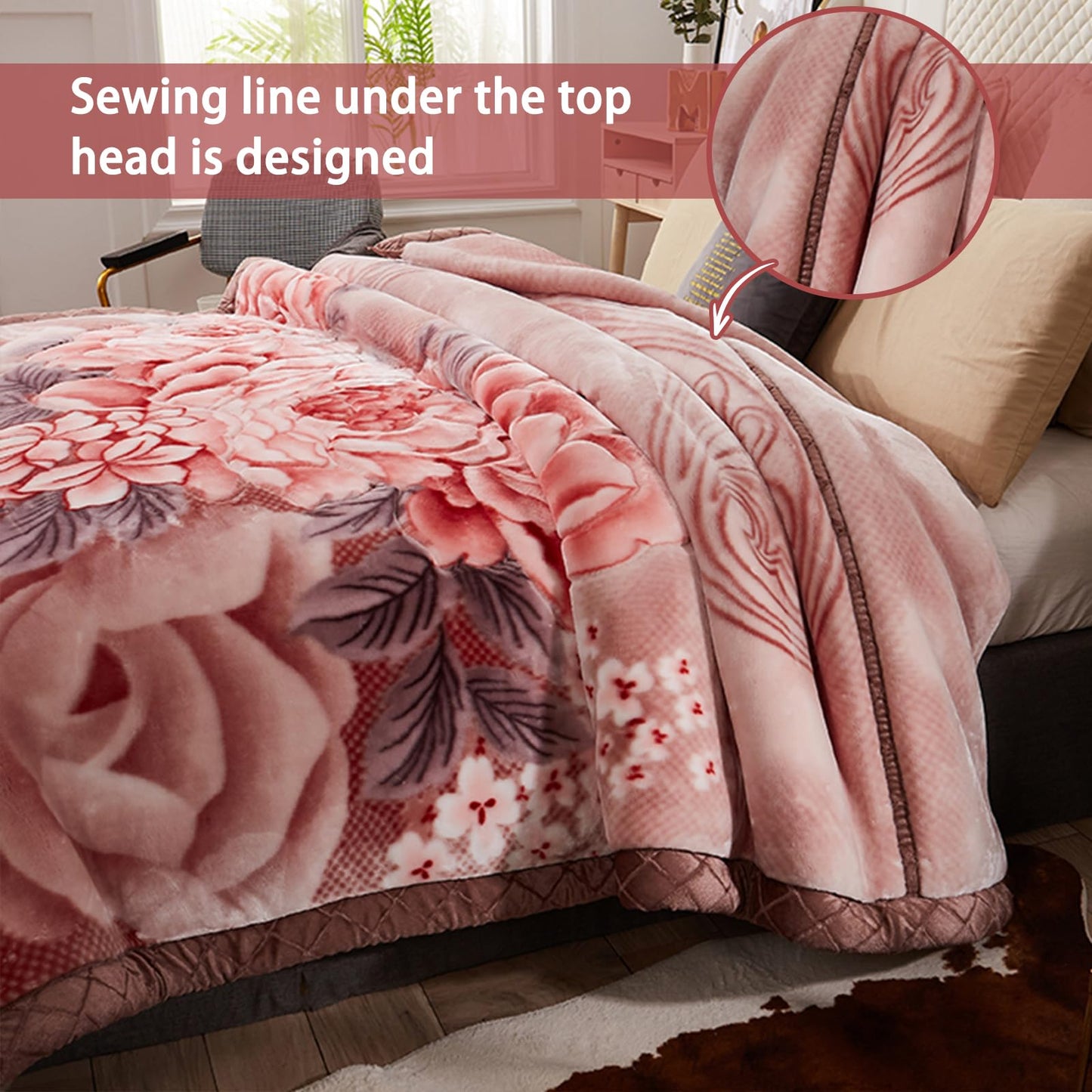 MODUSKYE Mink Blankets, Korean Heavy Fleece Plush 78x90 inch 2 Ply Mink Blankets with Peony Pattern 7.7lbs Queen Soft Cozy Raschel Blanket for Autumn Winter (Bean Paste)
