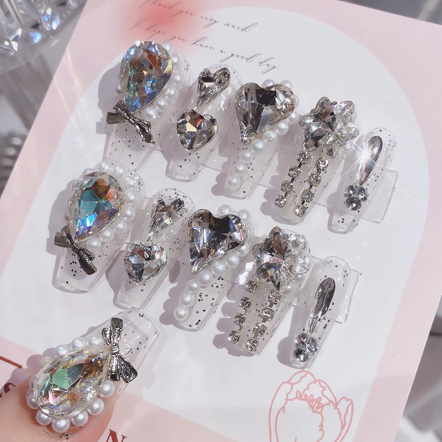 IMSOHOT Long Coffin Press on Nails Clear Heart Rhinestone Fake Nails with Designs White Glitter Luxury Ballerina False Nails Glossy Full Cover Acrylic Glue on Nails for Women 24Pcs