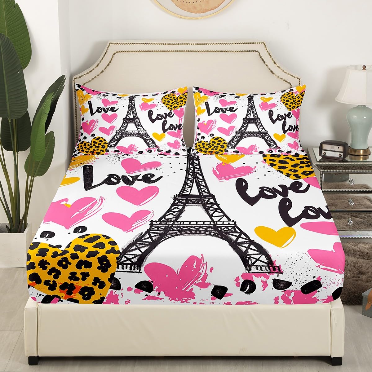 Eiffel Tower Fitted Sheet Full Size,Cartoon Paris Buildings Sheet Set(No Top Sheet),Watercolor Love Hearts Bedding Set(1 Fitted Sheet+2 Pillow Cases),Romantic French Style Bed Cover
