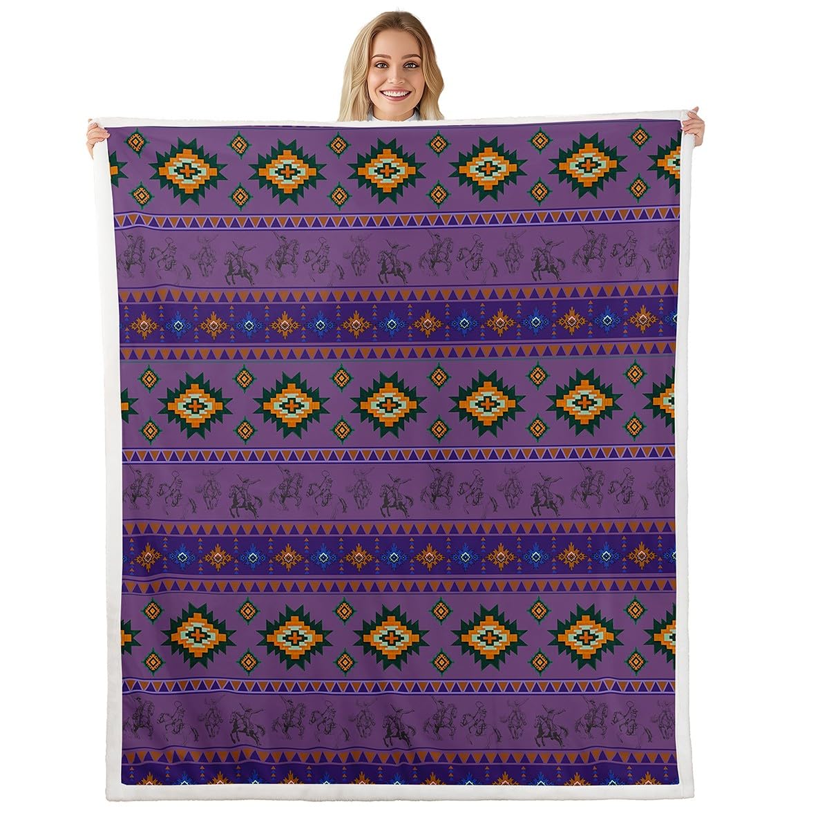 Feelyou Western Cowboy Sherpa Throw Blanket for Couch Southwestern Aztec Pattern Super Soft Cozy Fleece Horse Riding Design Blanket for Winter, Plush Throw Ranch Farmhouse 40"x50" Purple All Season