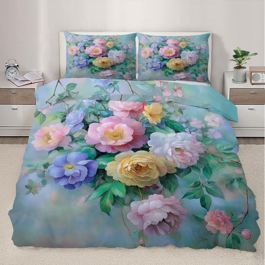 QINYUN Floral Duvet Cover King Size, Spring Flowers Bedding Set 3 Piece Bedroom Decor Elegant Colorful Floral Comforter Cover and 2 Pillow Sham with Zipper Closure