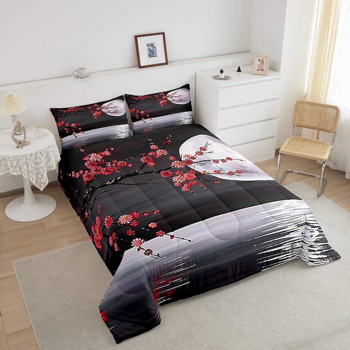 Manfei Dreamy Moon Night Twin Size Comforter Set for All Seasons,Red Flower Lake Bedding Set Teens Bedroom Decor,Romantic Japanese Style Comforter Inner Fill with 1 Pillowcase
