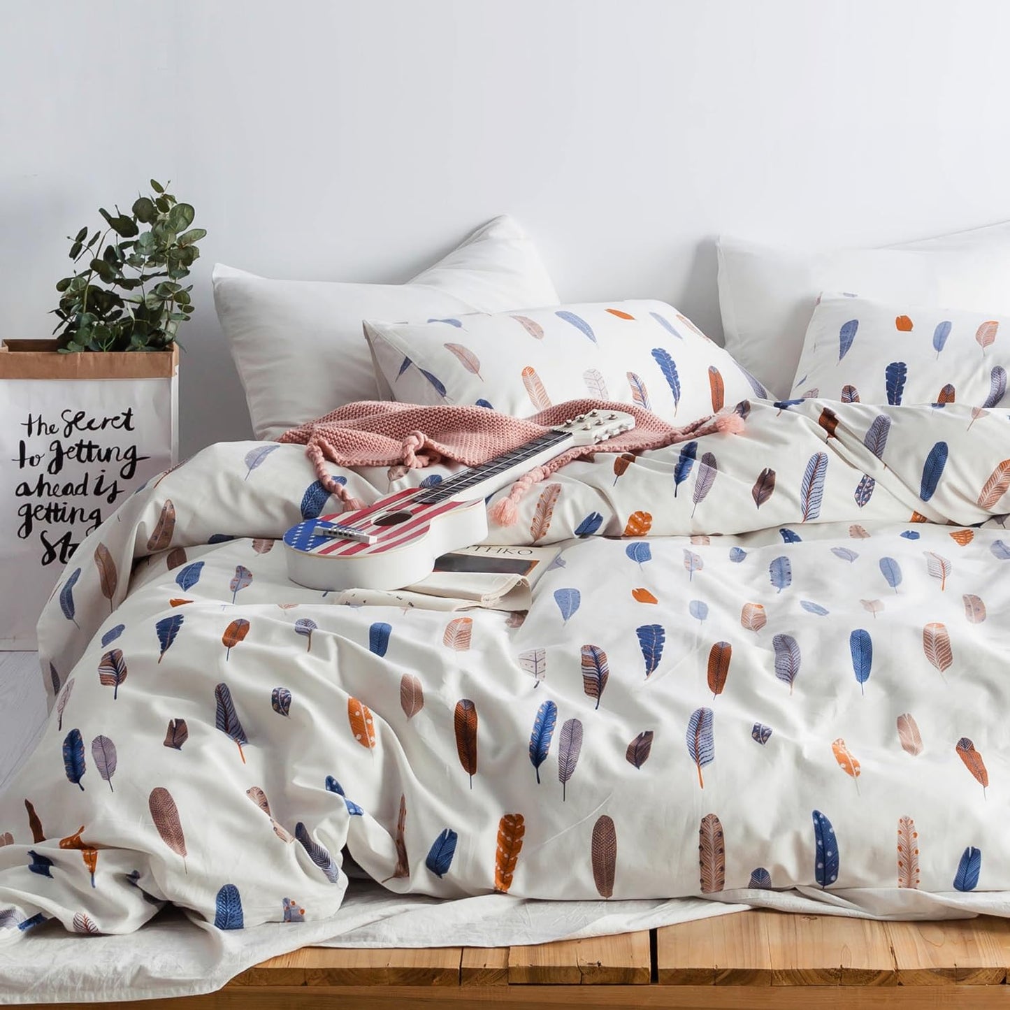 SUSYBAO Bohemian Feather Duvet Cover Queen 100% Cotton 3 Pcs Set 1 Blue Brown Boho Duvet Cover with Zipper Ties 2 Pillowcases Abstract Aesthetic Orange Bird Plume Print Bedding Set Soft