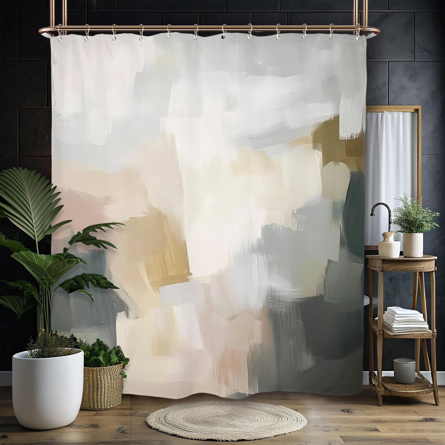 Miyotaa Abstract Modern Brushstroke Shower Curtain Set 60Wx71H Inches Minimalist Neutral Contemporary Aesthetic Oil Painting Simple Art Waterproof Bathroom Curtain with 12 Hooks