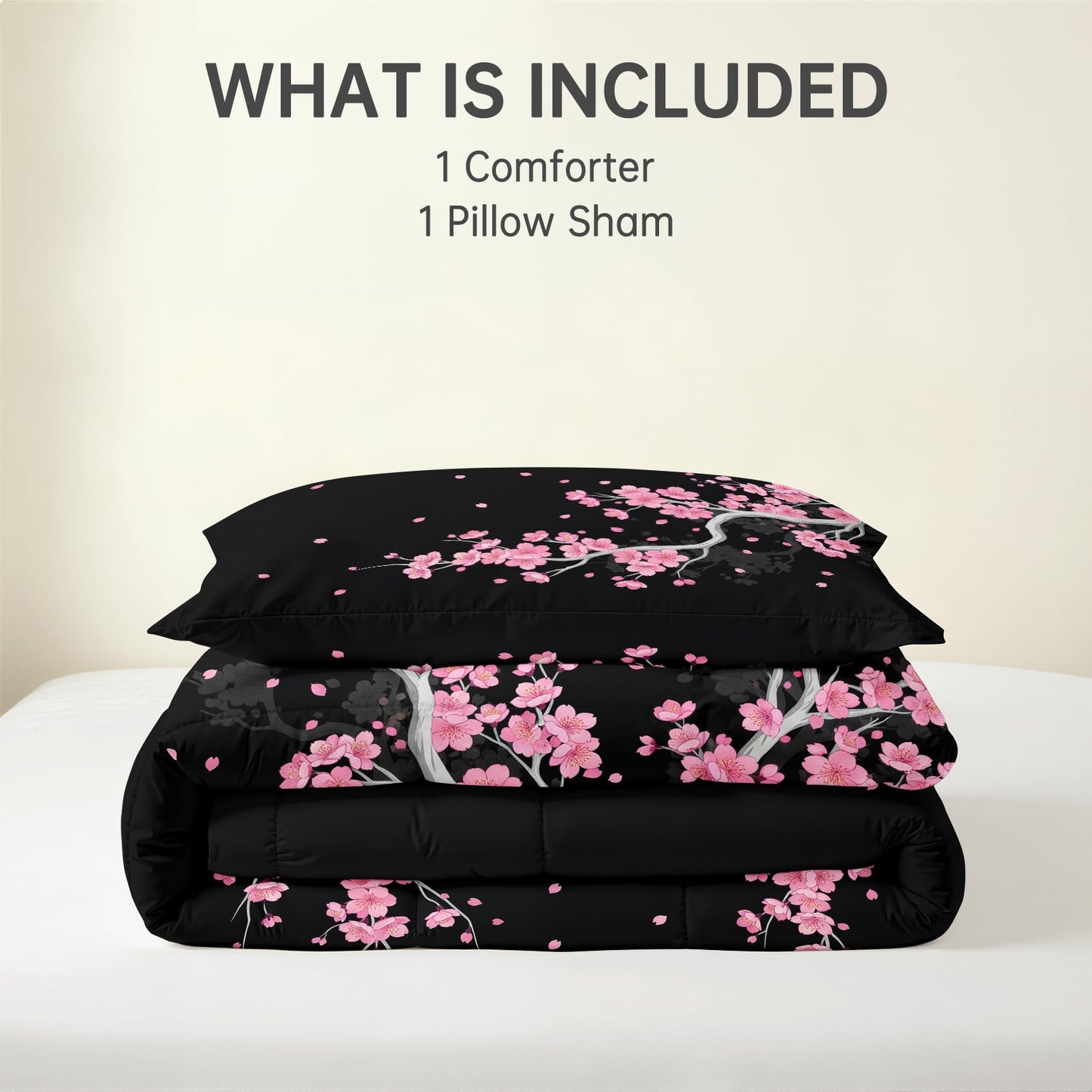 Japanese Cherry Blossom Comforter Set Twin Size 2 Pcs - All Season Comforter & Pillowcase, Asian Bedding Set, Soft Lightweight Down Alternative Duvet Insert, Pink and Black Bedroom Decor
