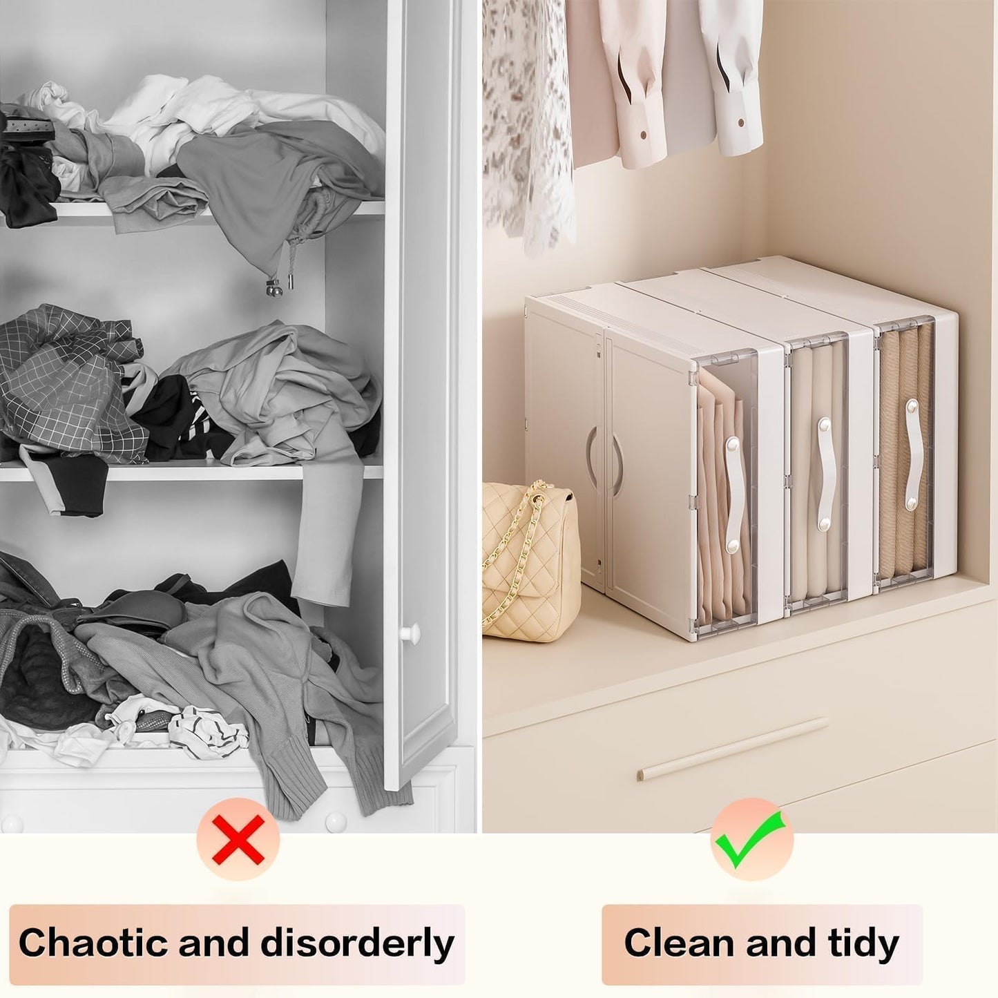 GUDEMAY Bed Sheet Organizers and Storage Plastic, 4 pcs Foldable Closet Organizer with Handle, Bedding Storage Box Container for Blanket, Duvet Cover Set, Bed Sheet Set, White