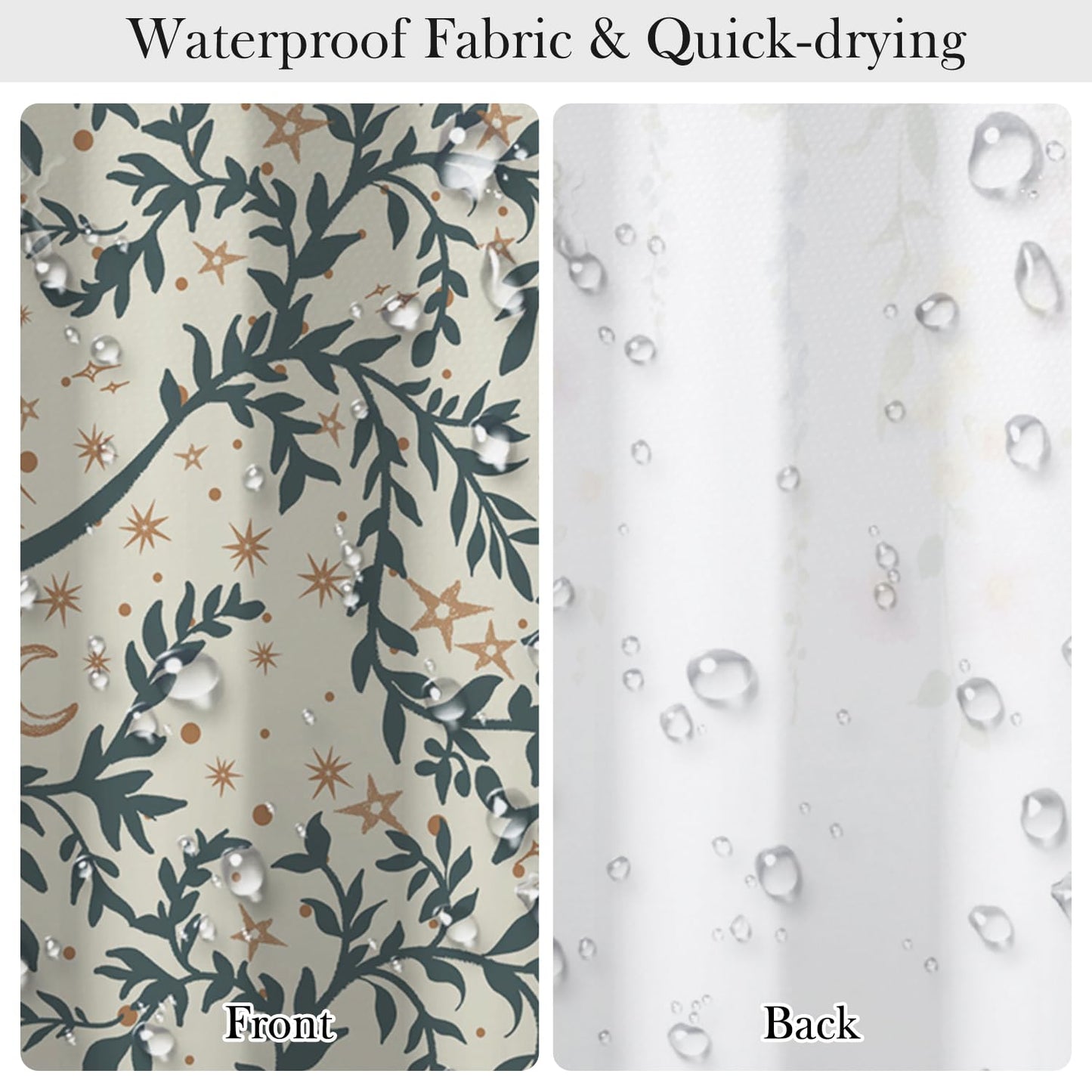NAEMBCU Botanical Celestial Shower Curtain with Hooks - 72x72 Inch Waterproof Fabric Bathroom Curtain with Green Leaf & Moon Star Pattern, Bath Curtain for Boho Aesthetic Interiors