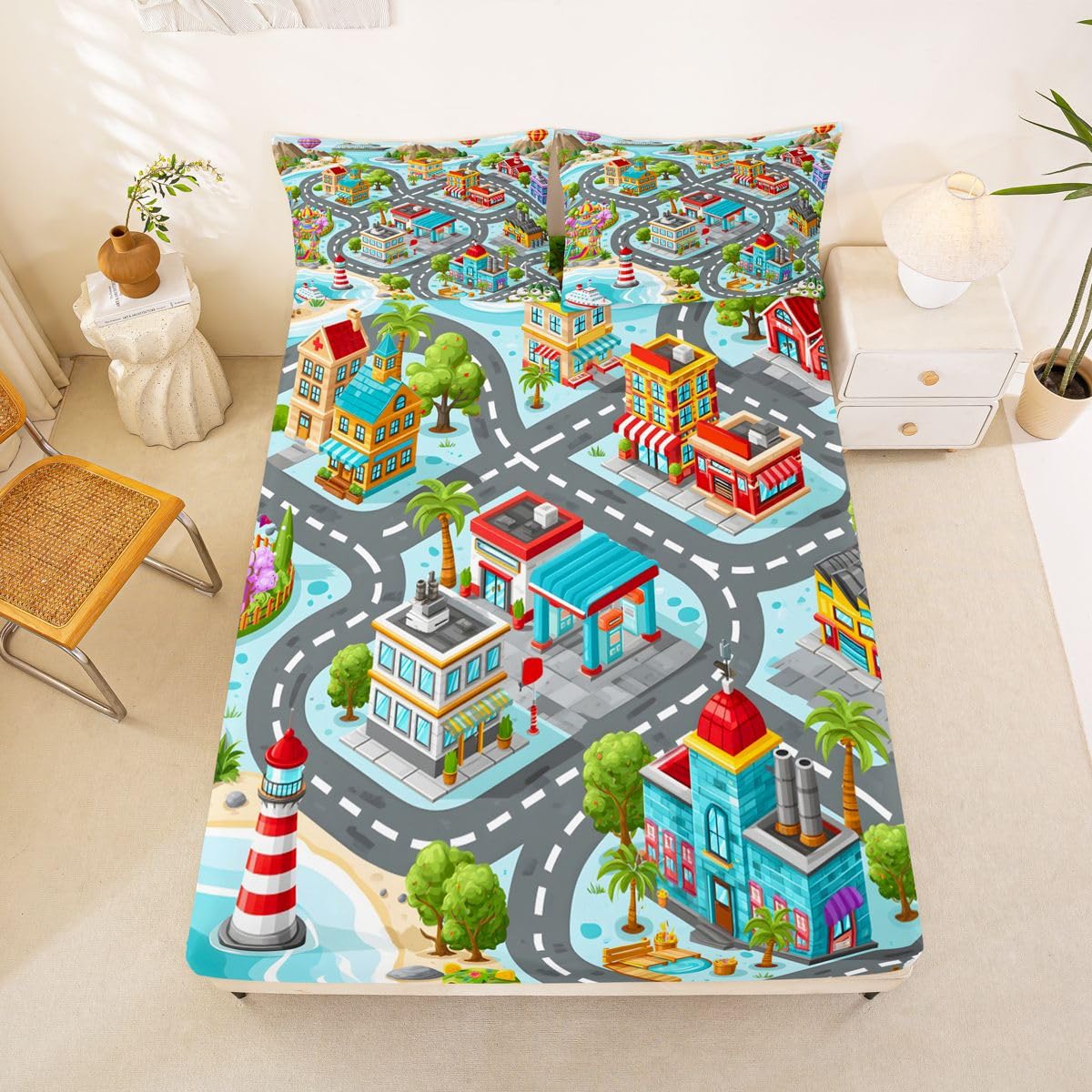 Manfei Coastal Town Map Fitted Sheet Set Road House Lighthouse Ocean Bedding Set for Kids Bedroom Seaside Interactive Cute Bed Sheet Set 3pcs Deep Pocket Mattress Cover,No Top Flat Queen Blue Black