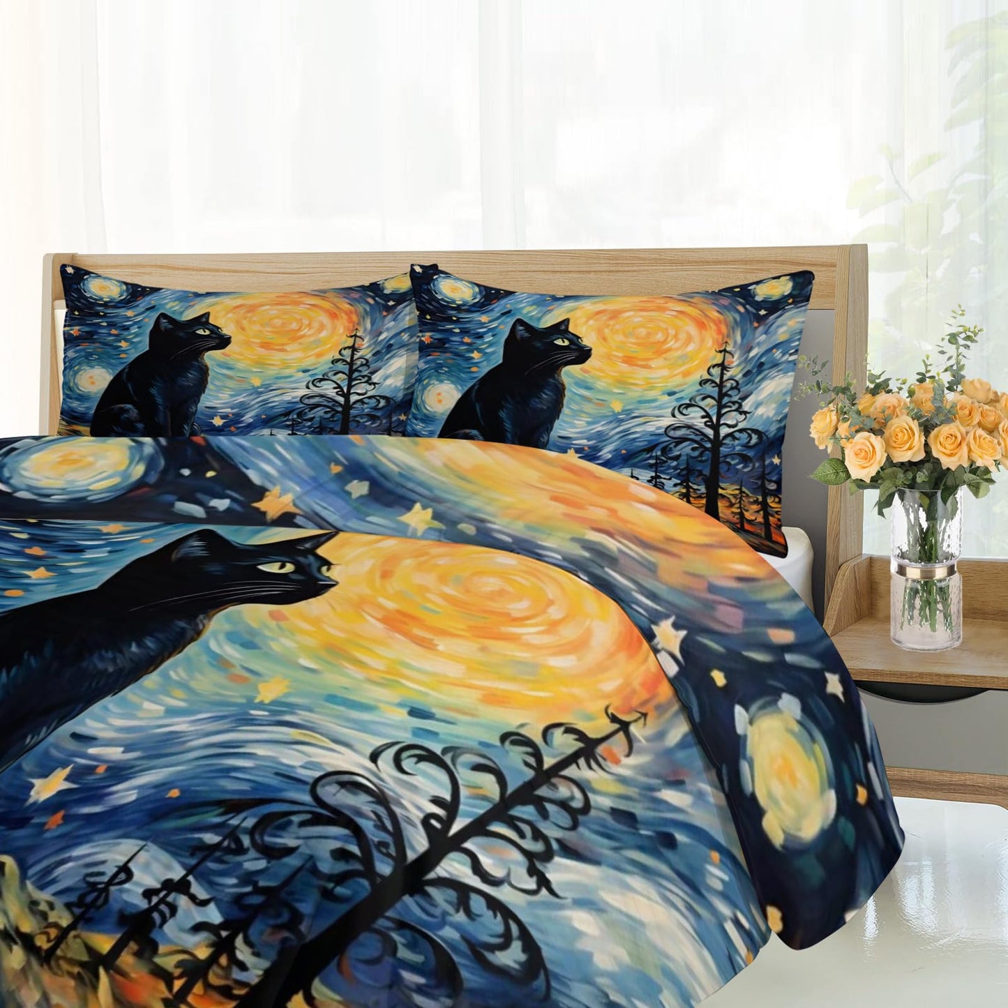 Cat Print Duvet Cover Queen Size - Mysterious Cat Home Decor & Gifts, 3 Piece Back to School Dorm Bedding, Easy Care Microfiber Comforter Cover & Pillowcases, Starry Night Blue