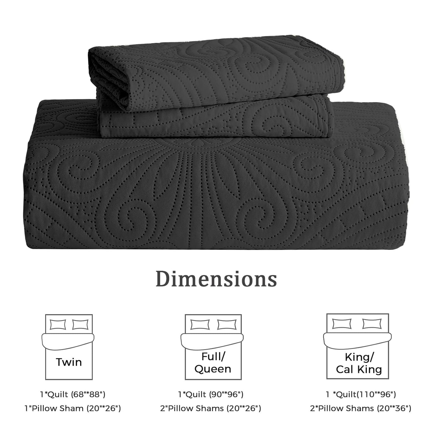 WURUIBO Twin Quilt Set Black,Ultrasonic Embossed Bedspread, Lightweight Microfiber Coverlet, Modern Thin Bedding Set for All Season, 2 Piece(1 Quilt,1 Pillow Shams)