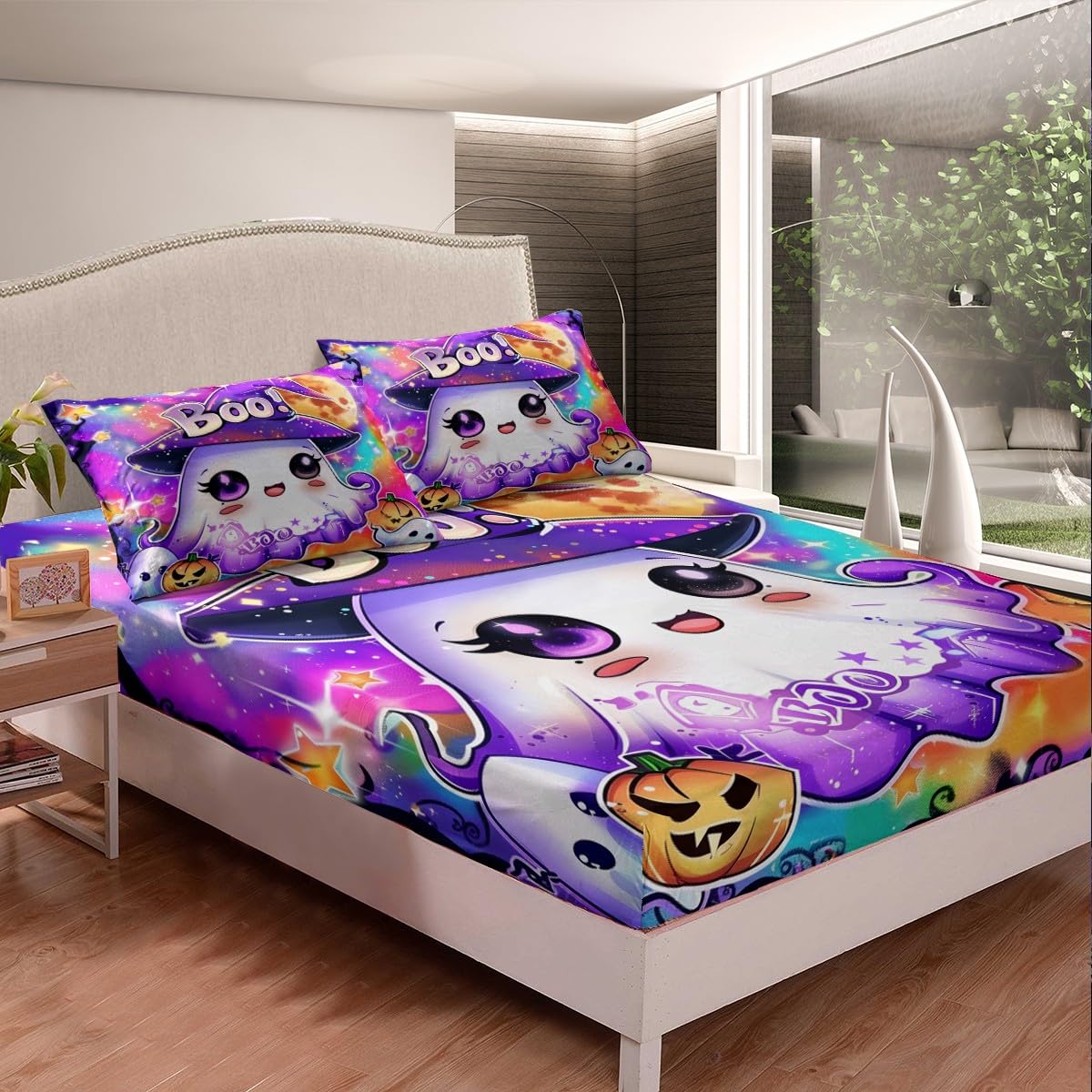 Kawaii Ghost Fitted Sheet,Dreamy Kids Halloween Decor Cute Ghost Bed Sheet 3 Pieces Fits Mattress,Tie Dyed Moon Night Sequin Print Decorative Fabric Bedding All-Round Elastic Pocket