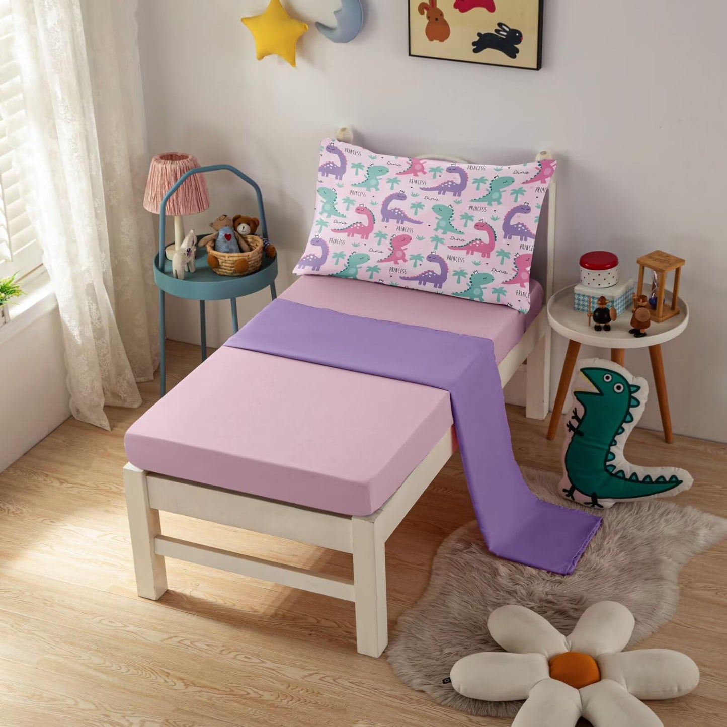 4 Piece Toddler Dinosaur Bedding Set for Girls,Pink Dino Toddler Comforter Sets Soft Bed Set Include Comforter,Fitted Sheet, Flat Top Sheet and Pillowcase,Bed in A Bag for Bedroom